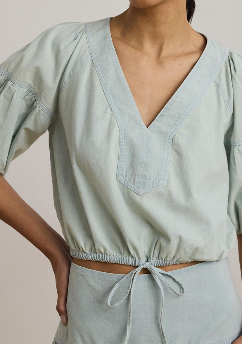 Chambray Cropped Bubble-Sleeve Blouse