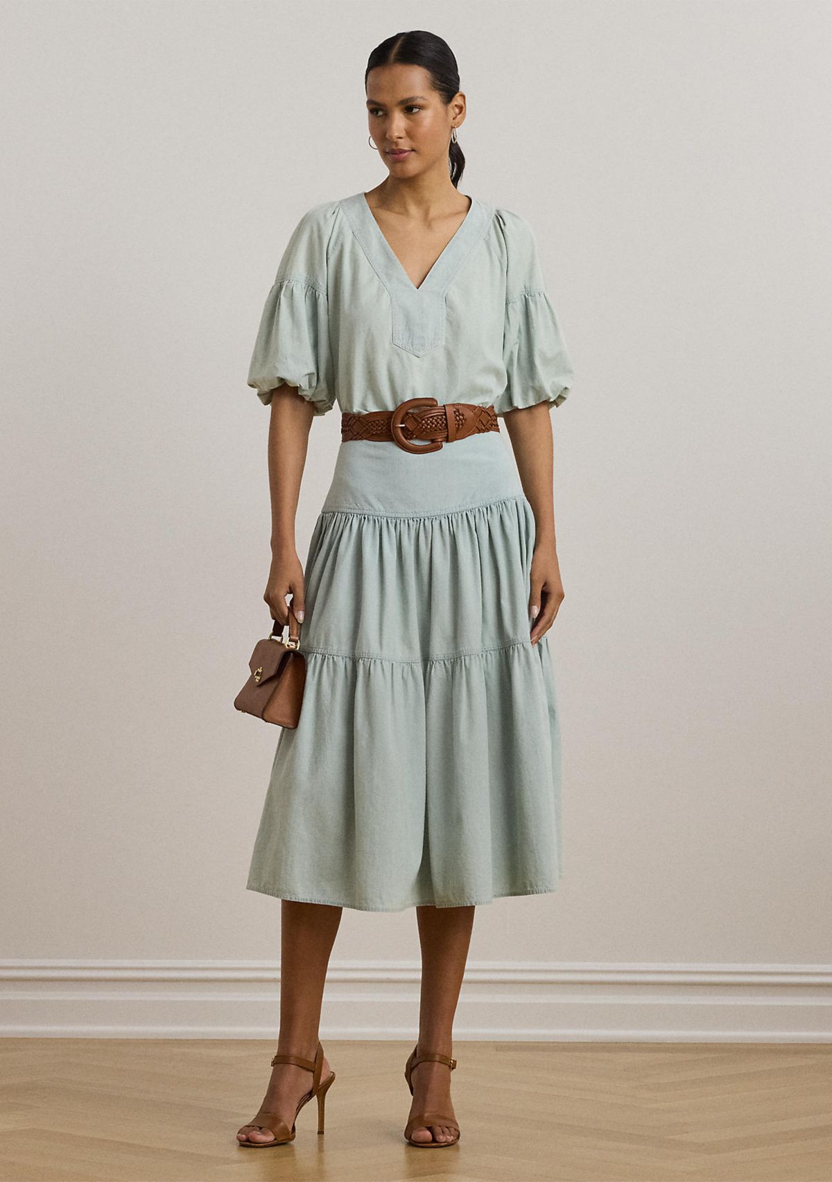 Chambray Cropped Bubble-Sleeve Blouse