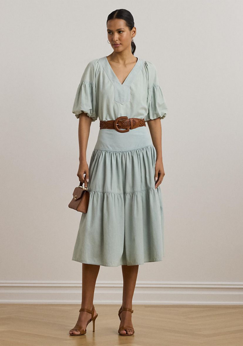 Chambray Cropped Bubble-Sleeve Blouse