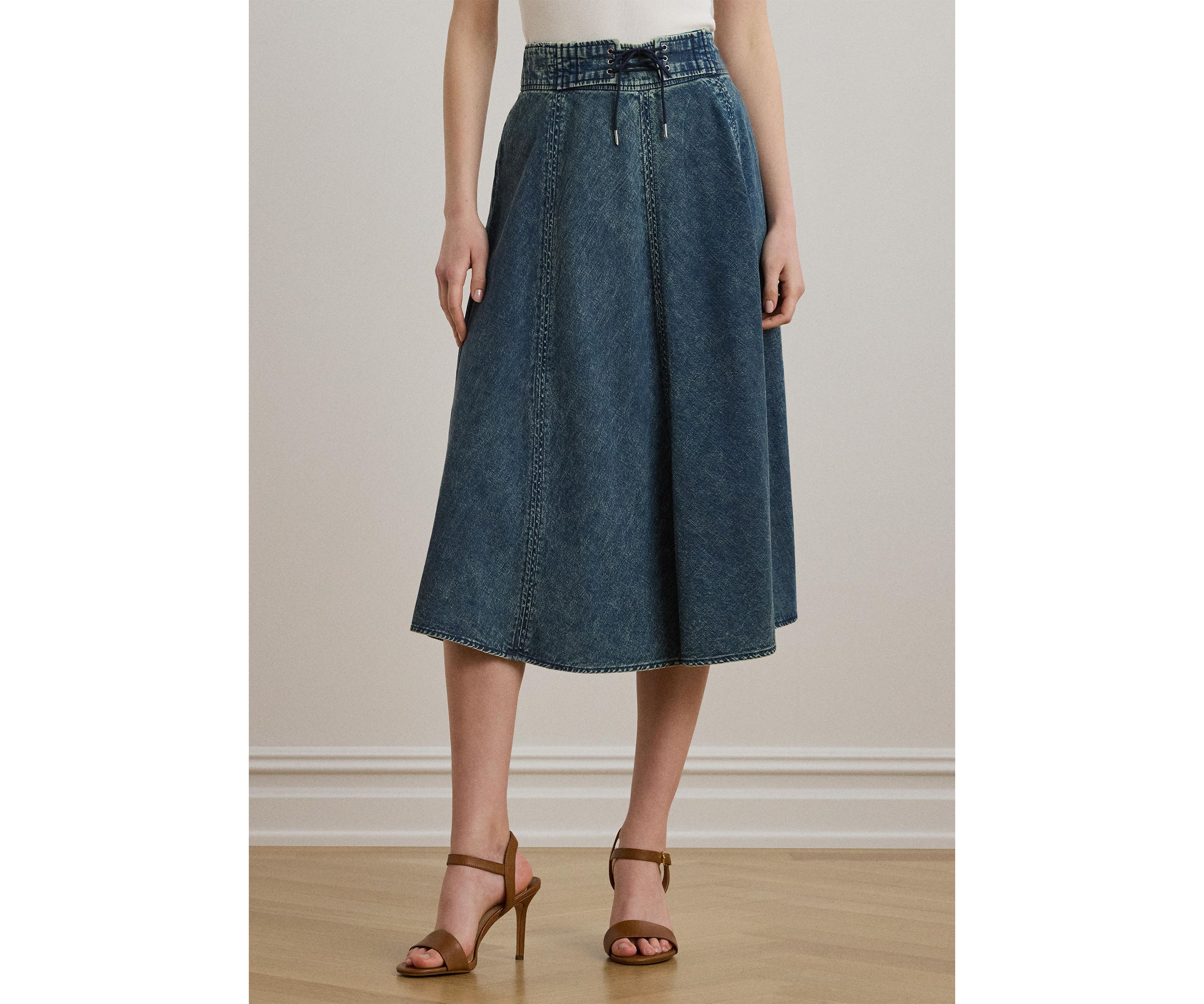 Womens Denim Drawcord Midi Skirt