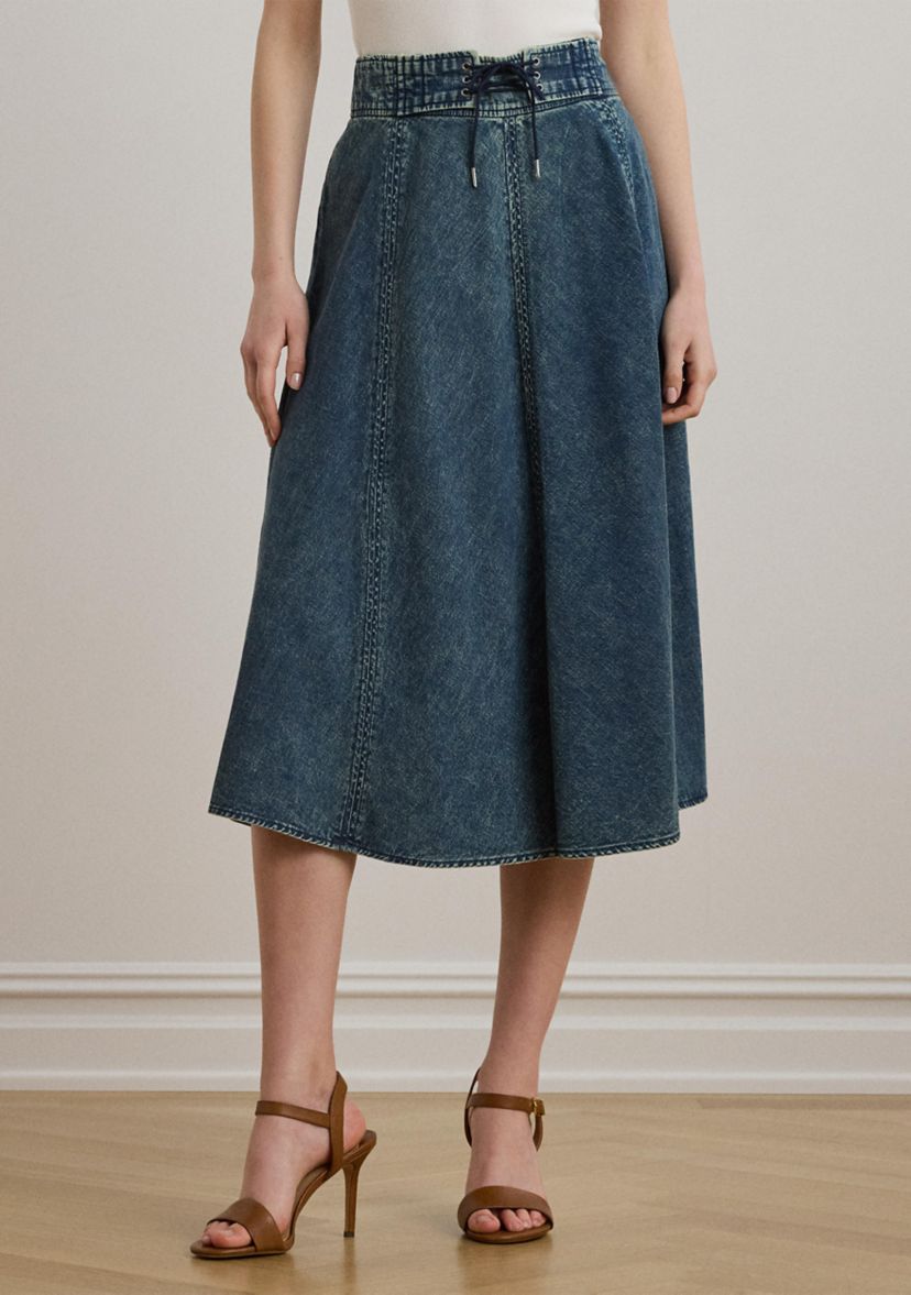 Womens Denim Drawcord Midi Skirt