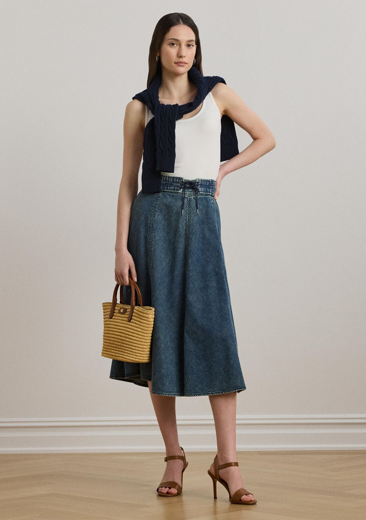 Womens Denim Drawcord Midi Skirt