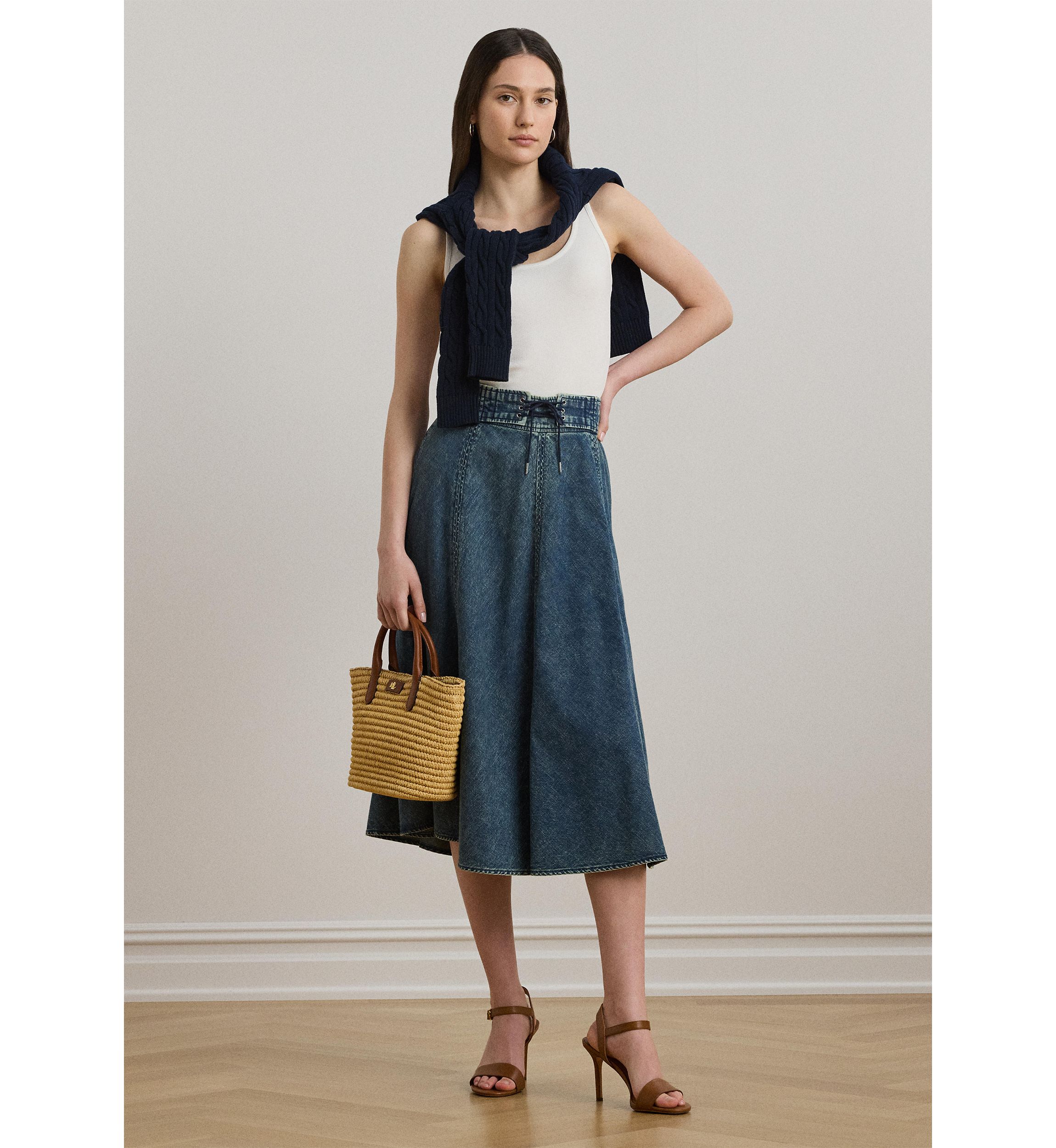 Womens Denim Drawcord Midi Skirt