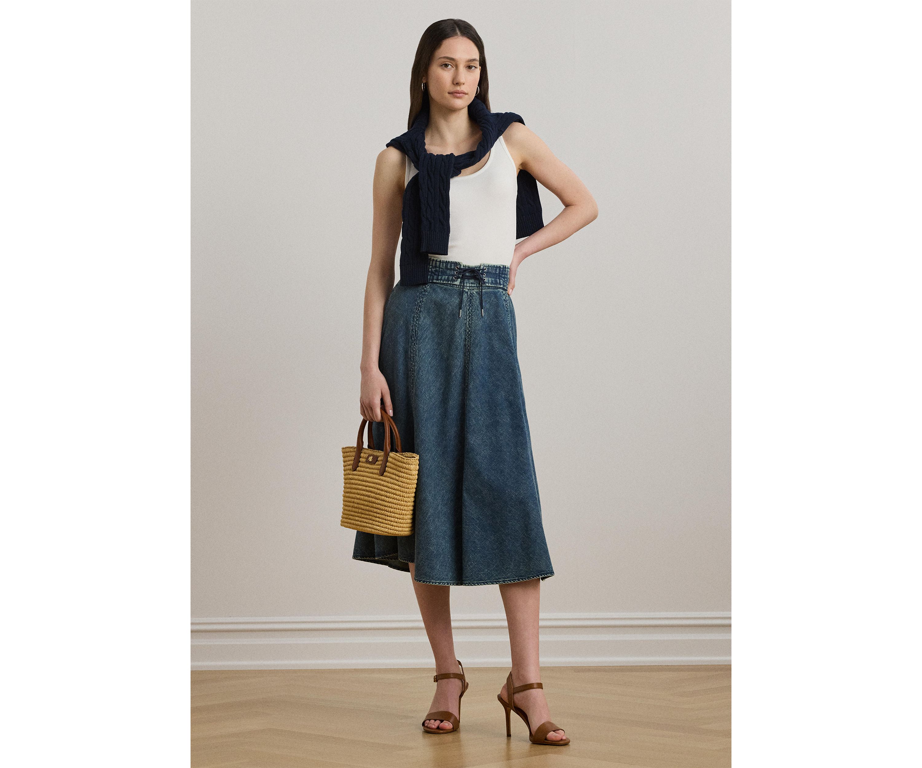 Womens Denim Drawcord Midi Skirt