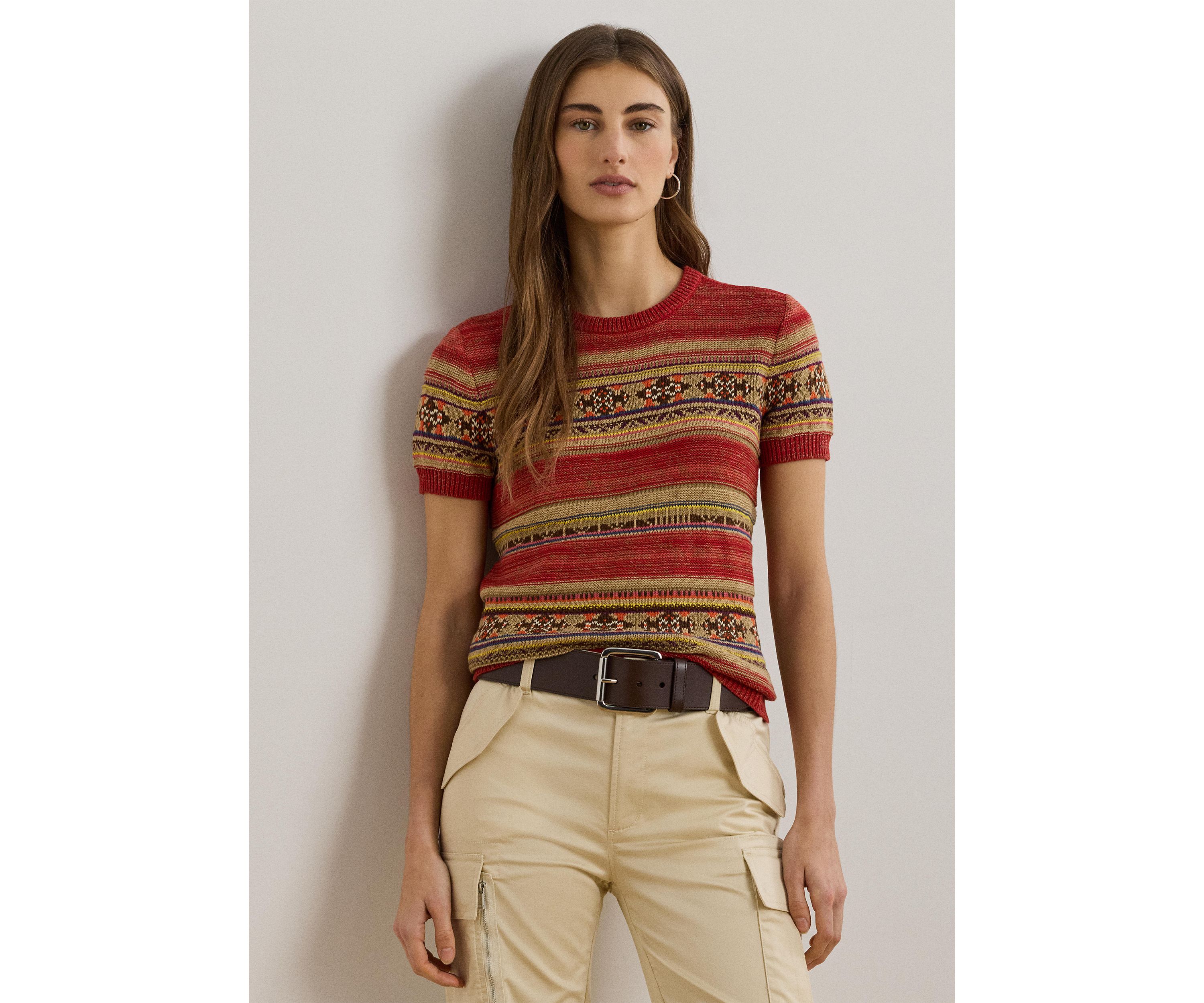 Womens Geo-Striped Short-Sleeve Sweater