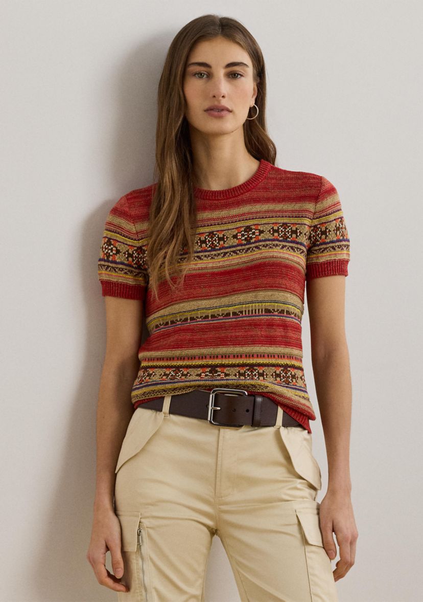 Womens Geo-Striped Short-Sleeve Sweater
