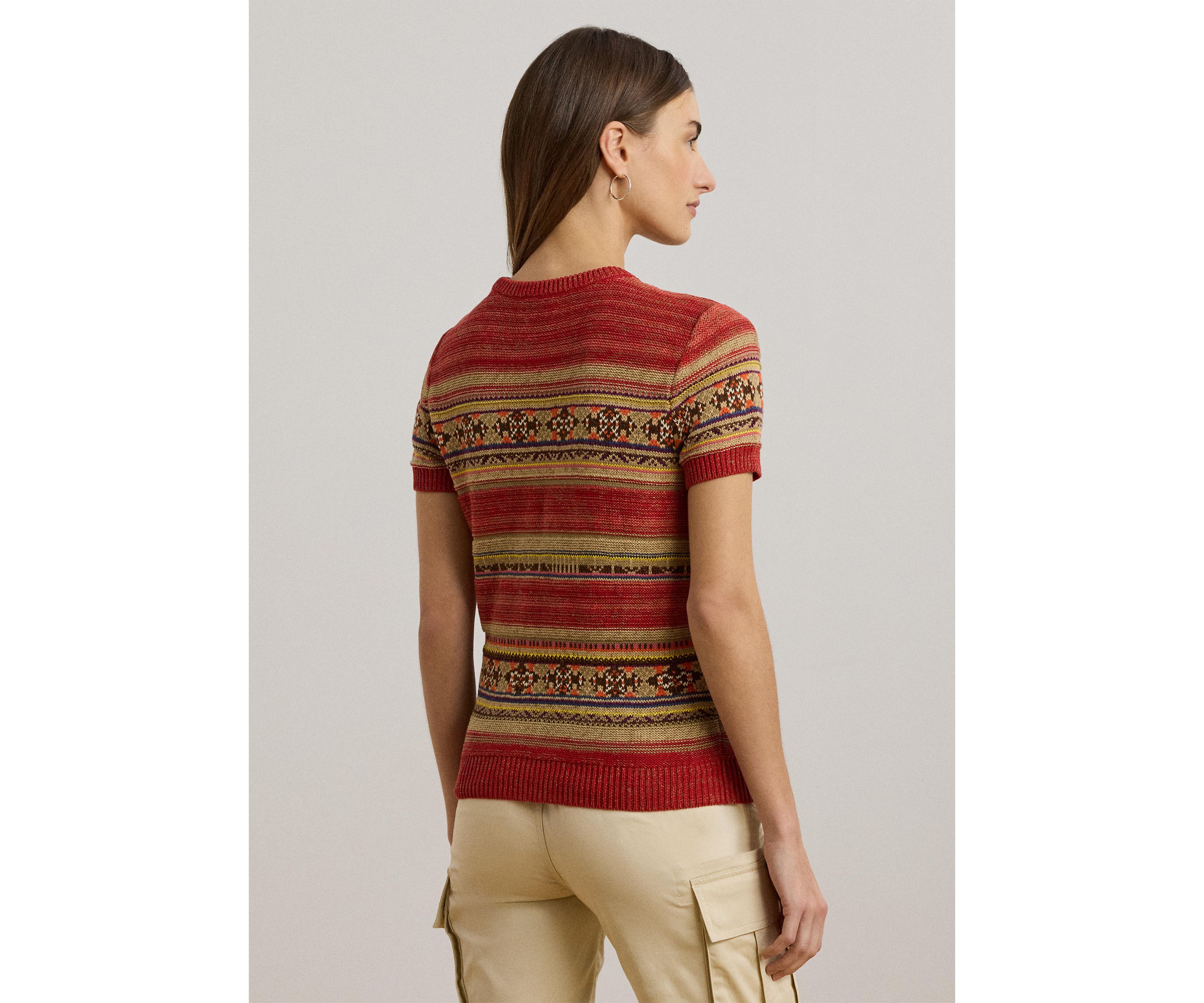 Womens Geo-Striped Short-Sleeve Sweater
