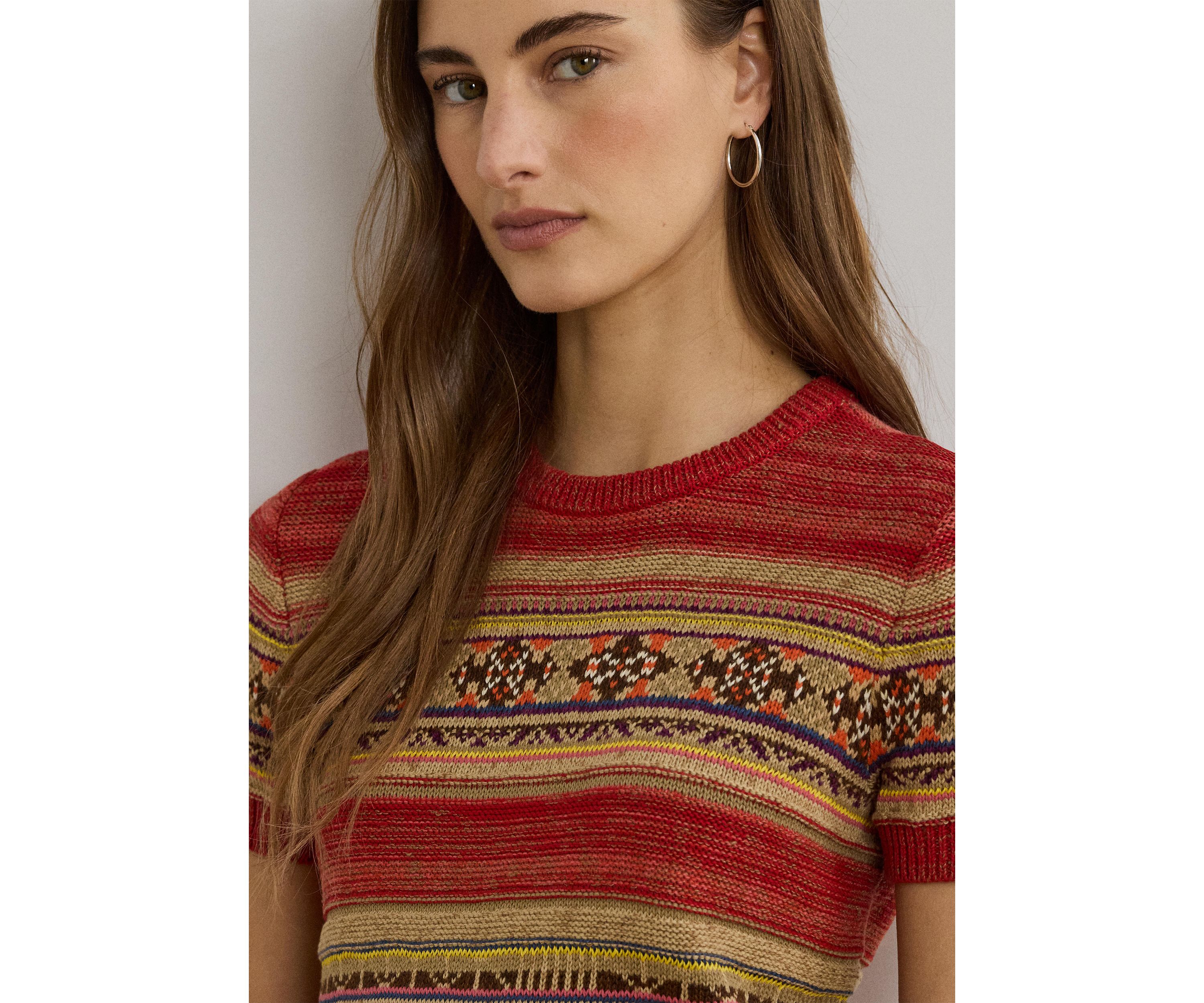 Womens Geo-Striped Short-Sleeve Sweater