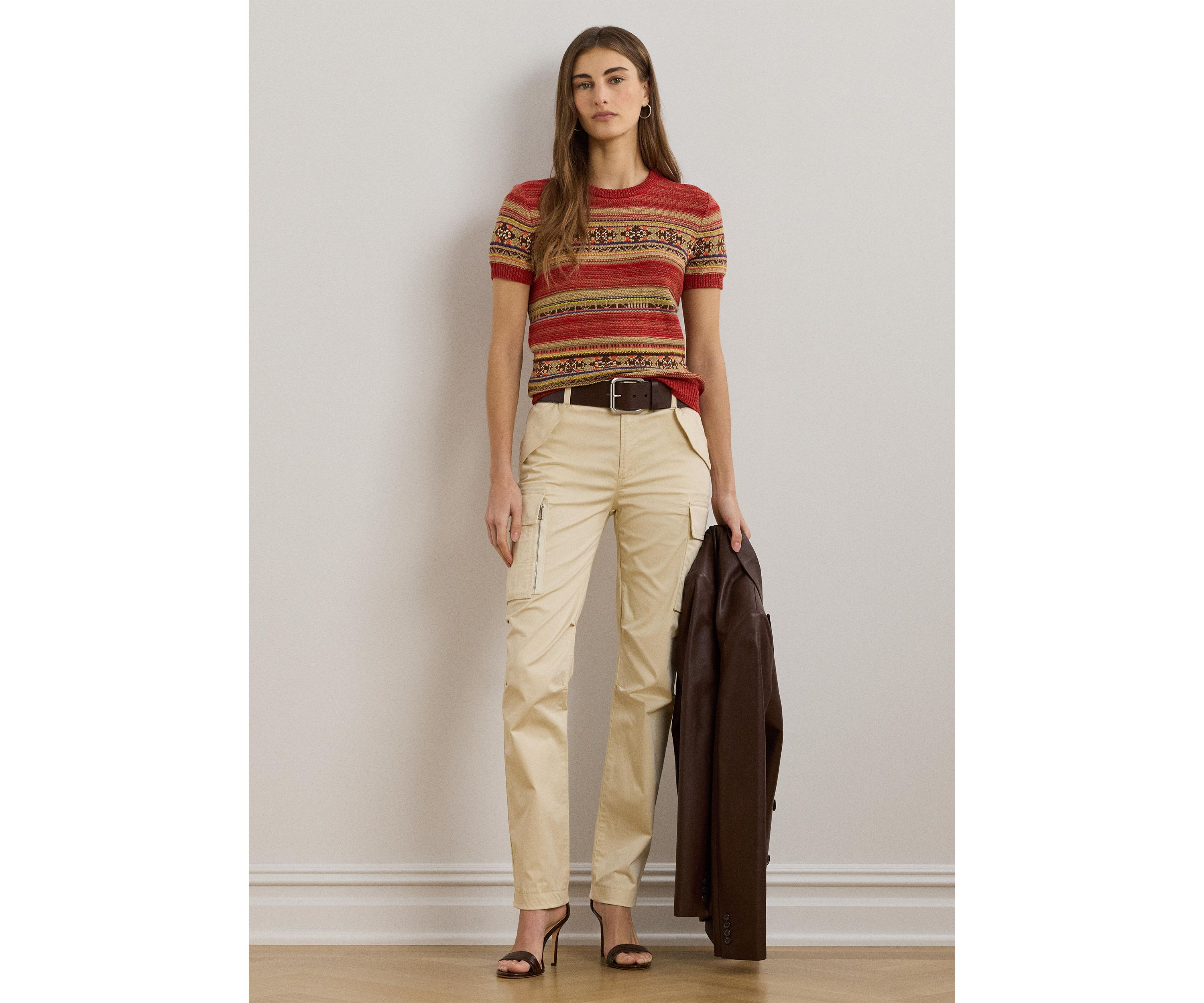 Womens Geo-Striped Short-Sleeve Sweater