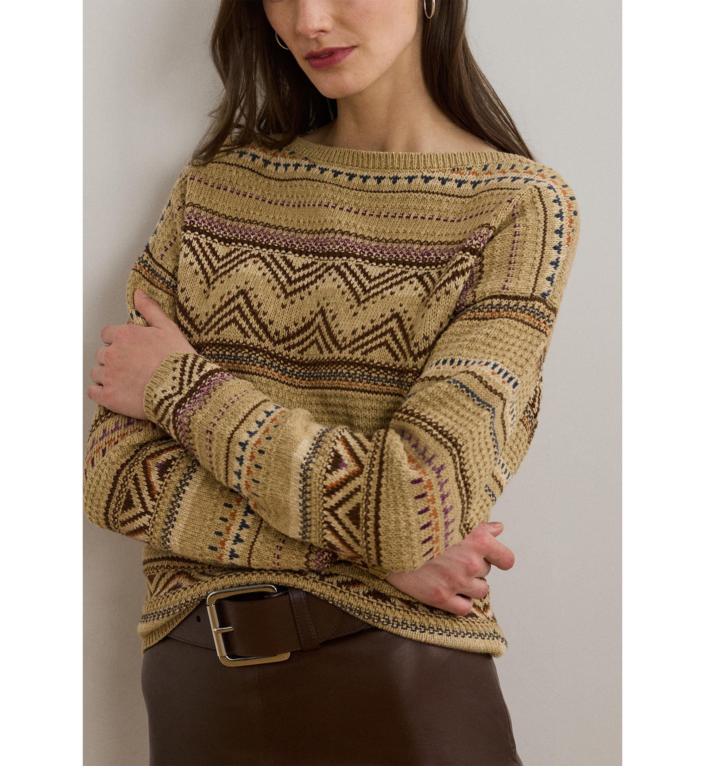 Womens Geo-Striped Cotton-Linen Sweater