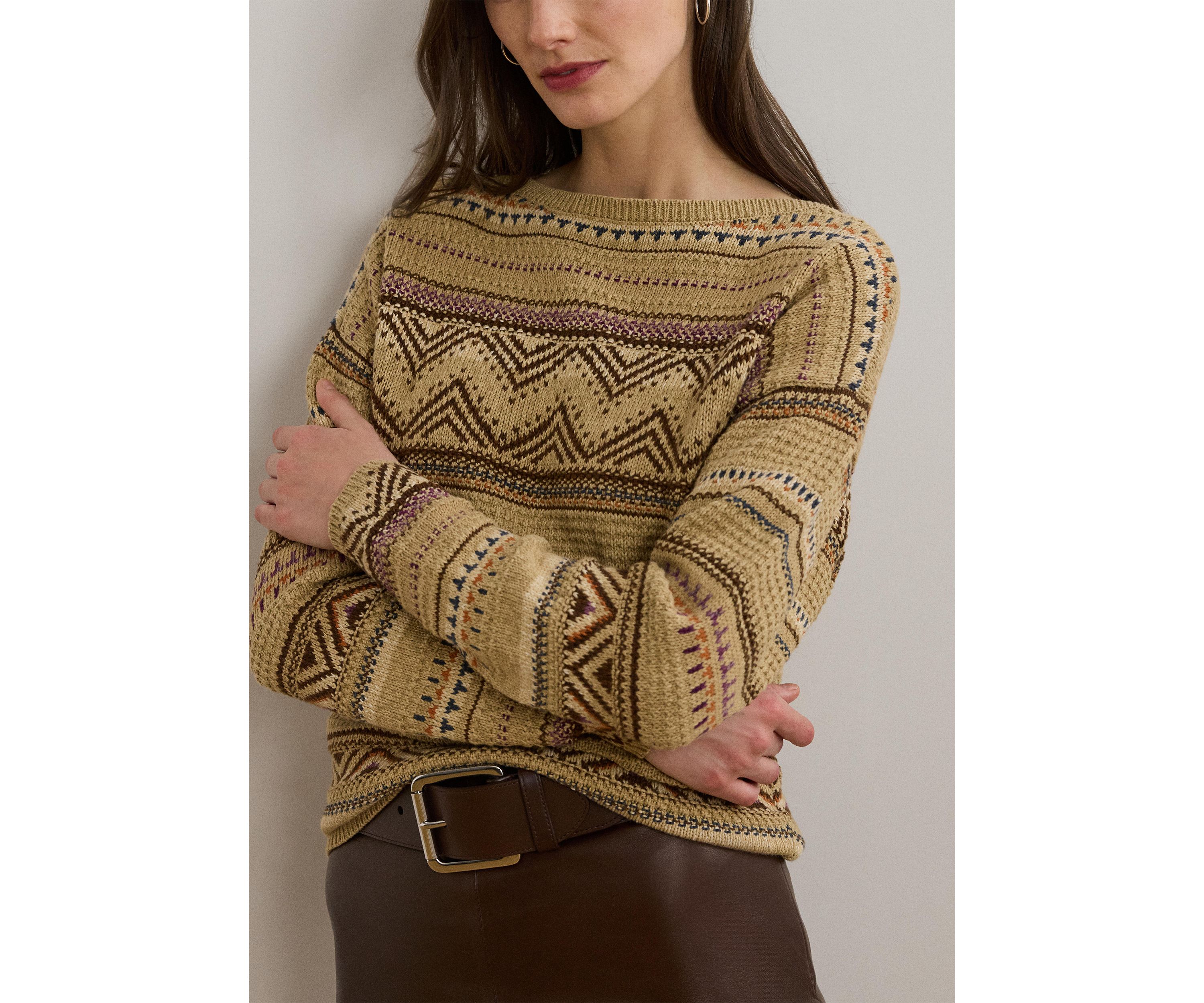 Womens Geo-Striped Cotton-Linen Sweater