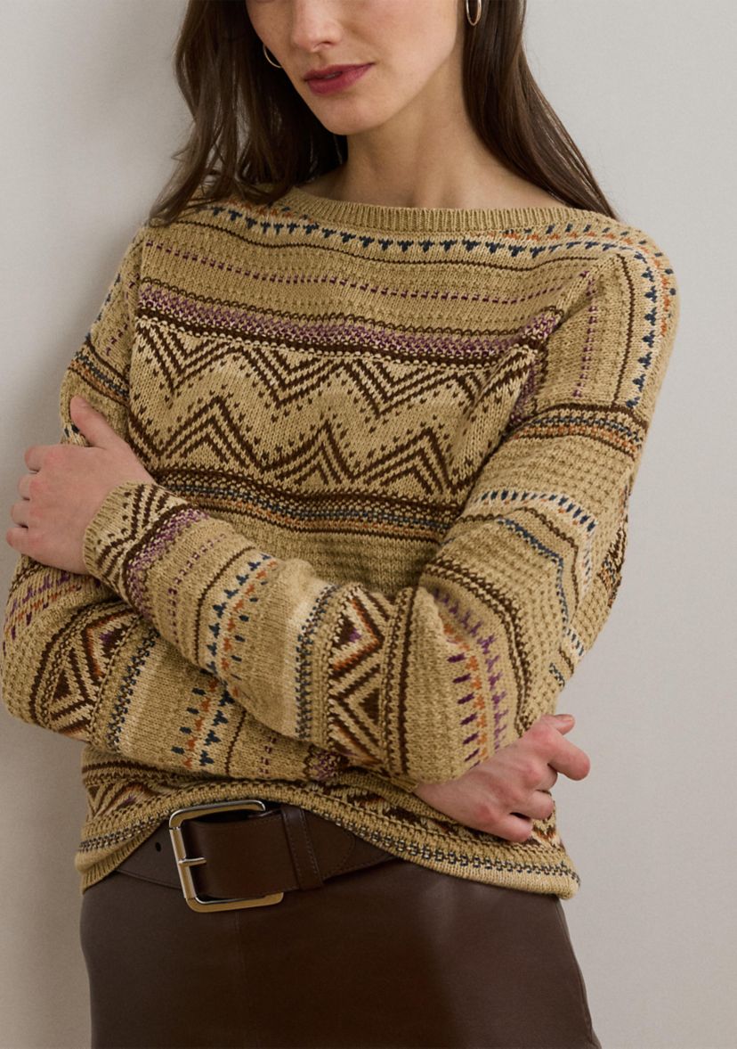 Womens Geo-Striped Cotton-Linen Sweater