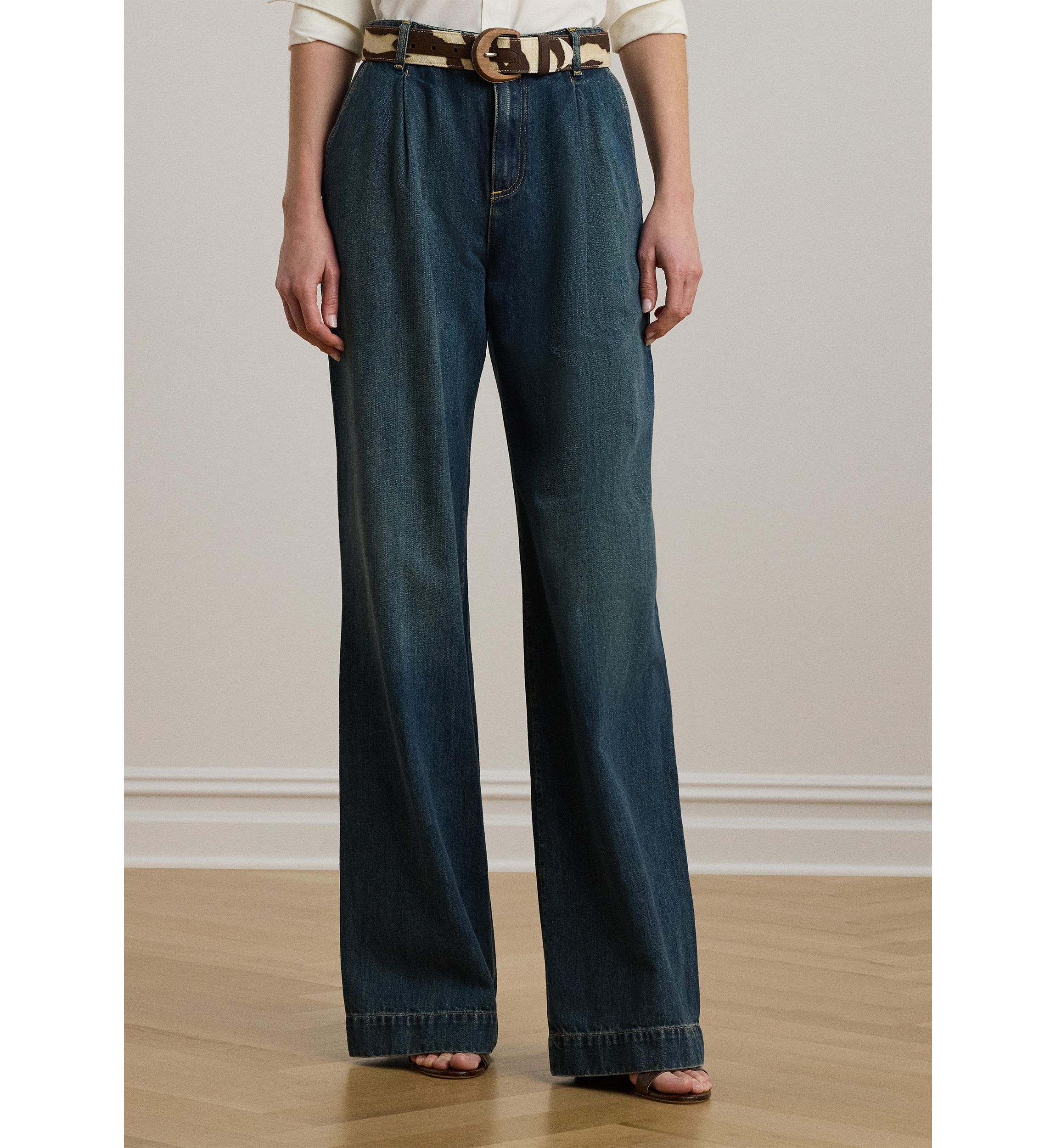Womens High-Rise Pleated Wide-Leg Jeans