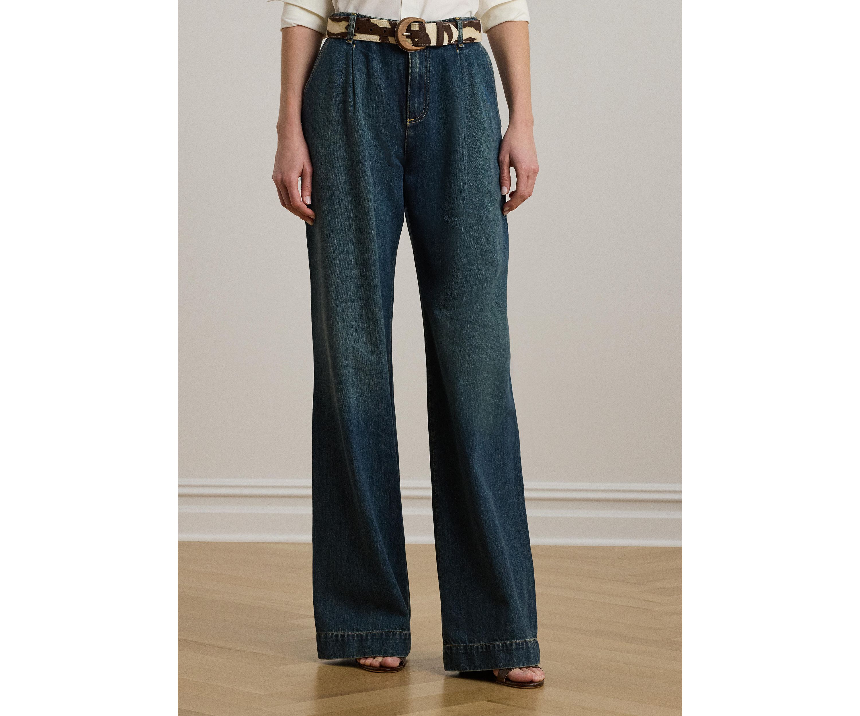 Womens High-Rise Pleated Wide-Leg Jeans