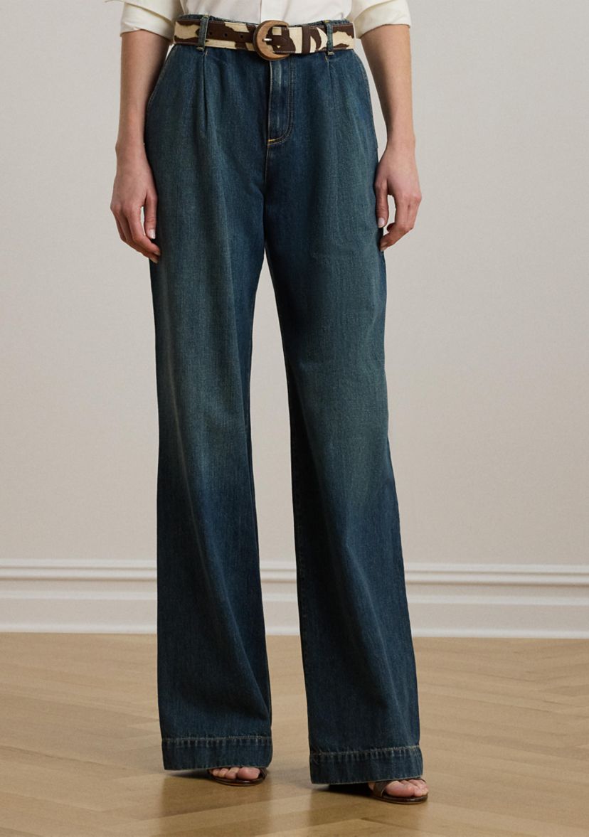 Womens High-Rise Pleated Wide-Leg Jeans