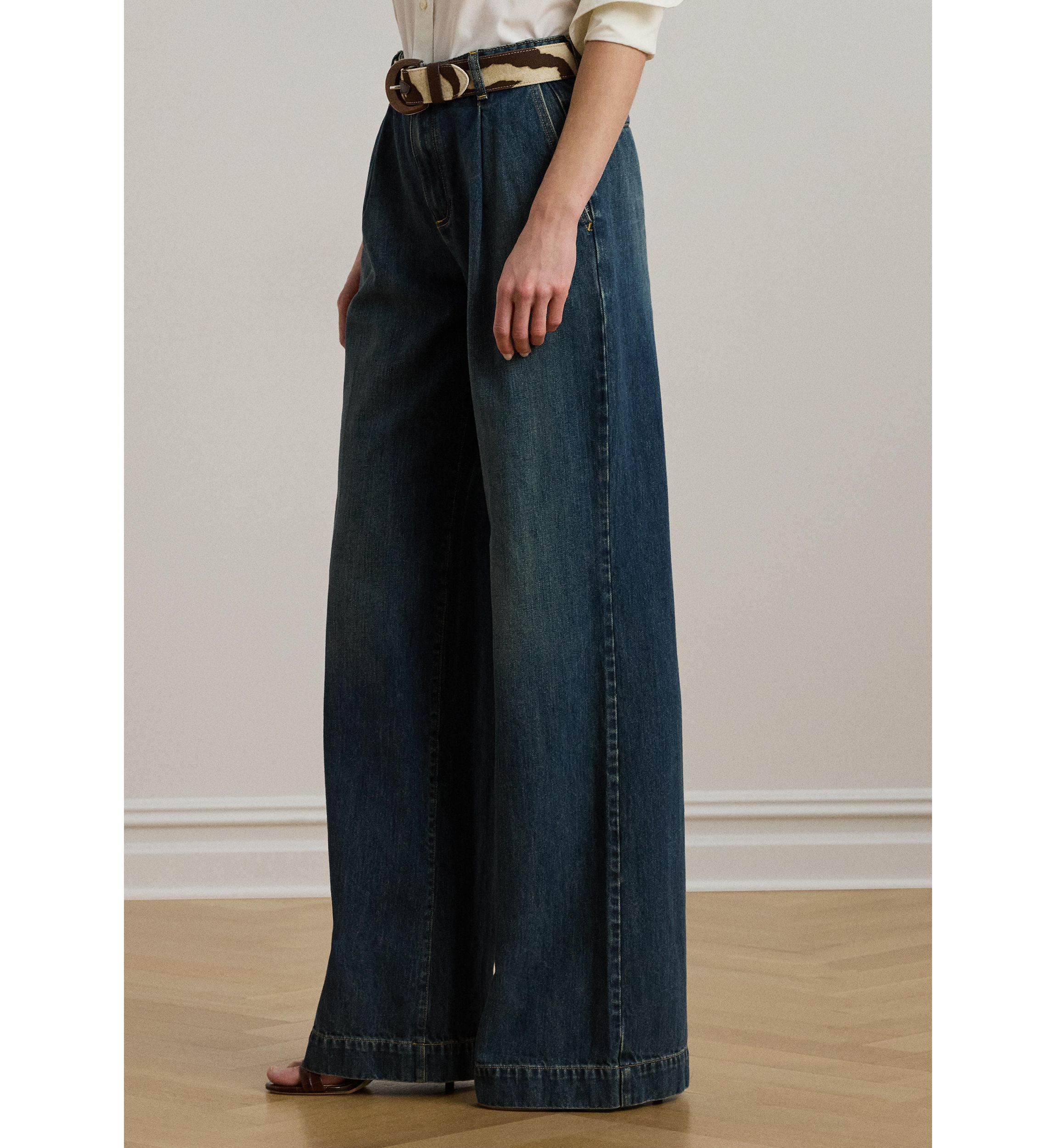 Womens High-Rise Pleated Wide-Leg Jeans