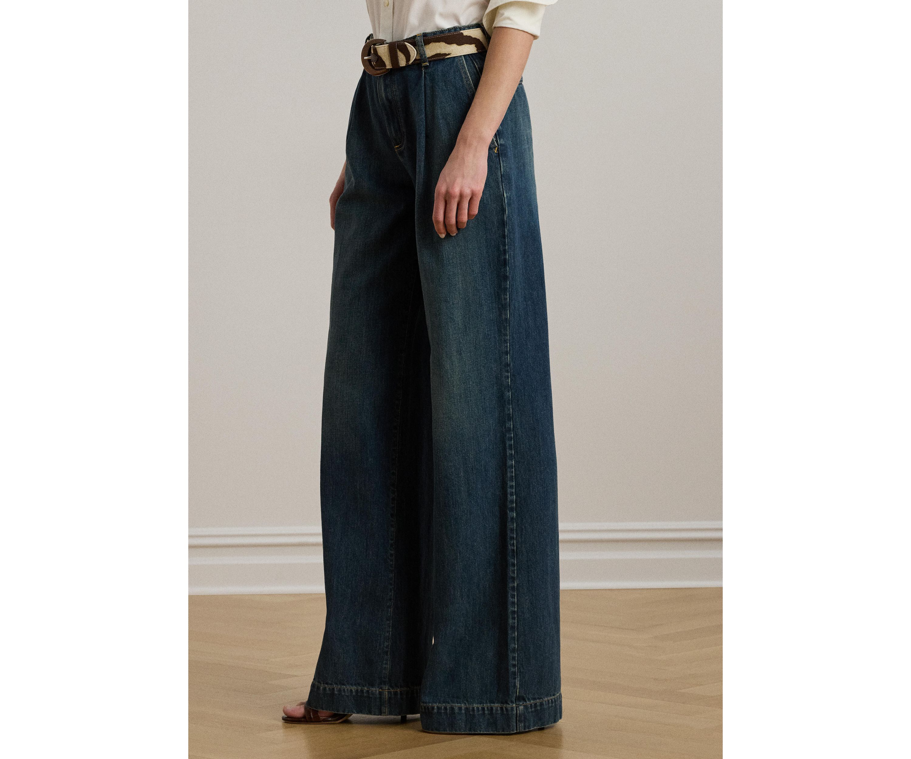 Womens High-Rise Pleated Wide-Leg Jeans