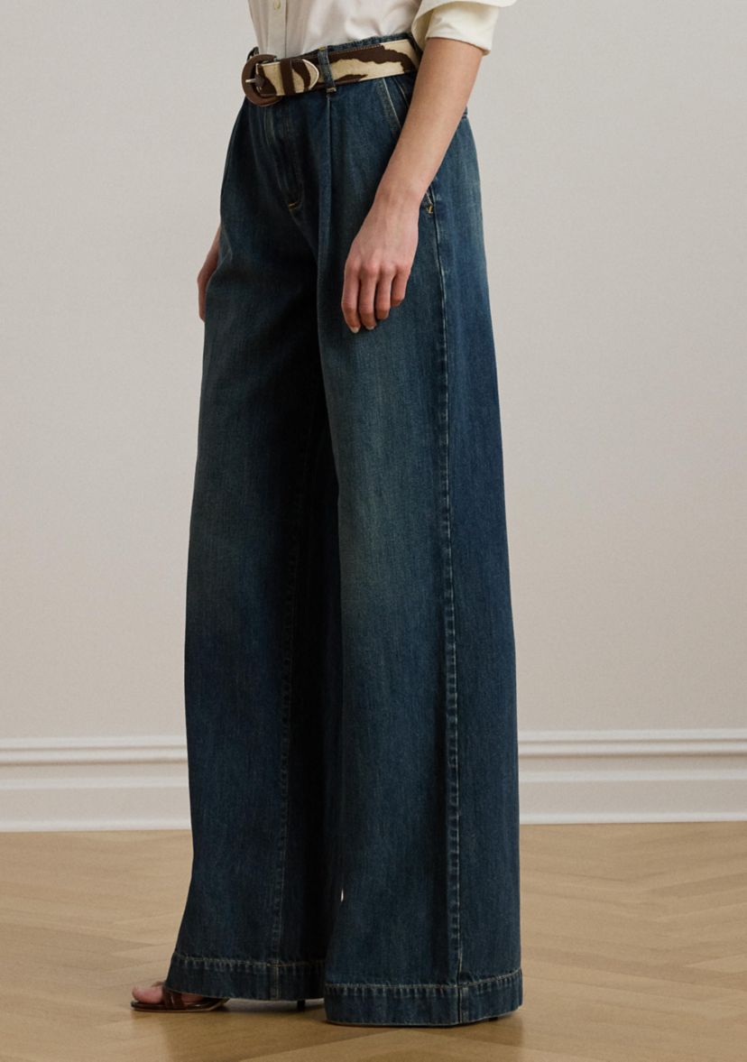 Womens High-Rise Pleated Wide-Leg Jeans