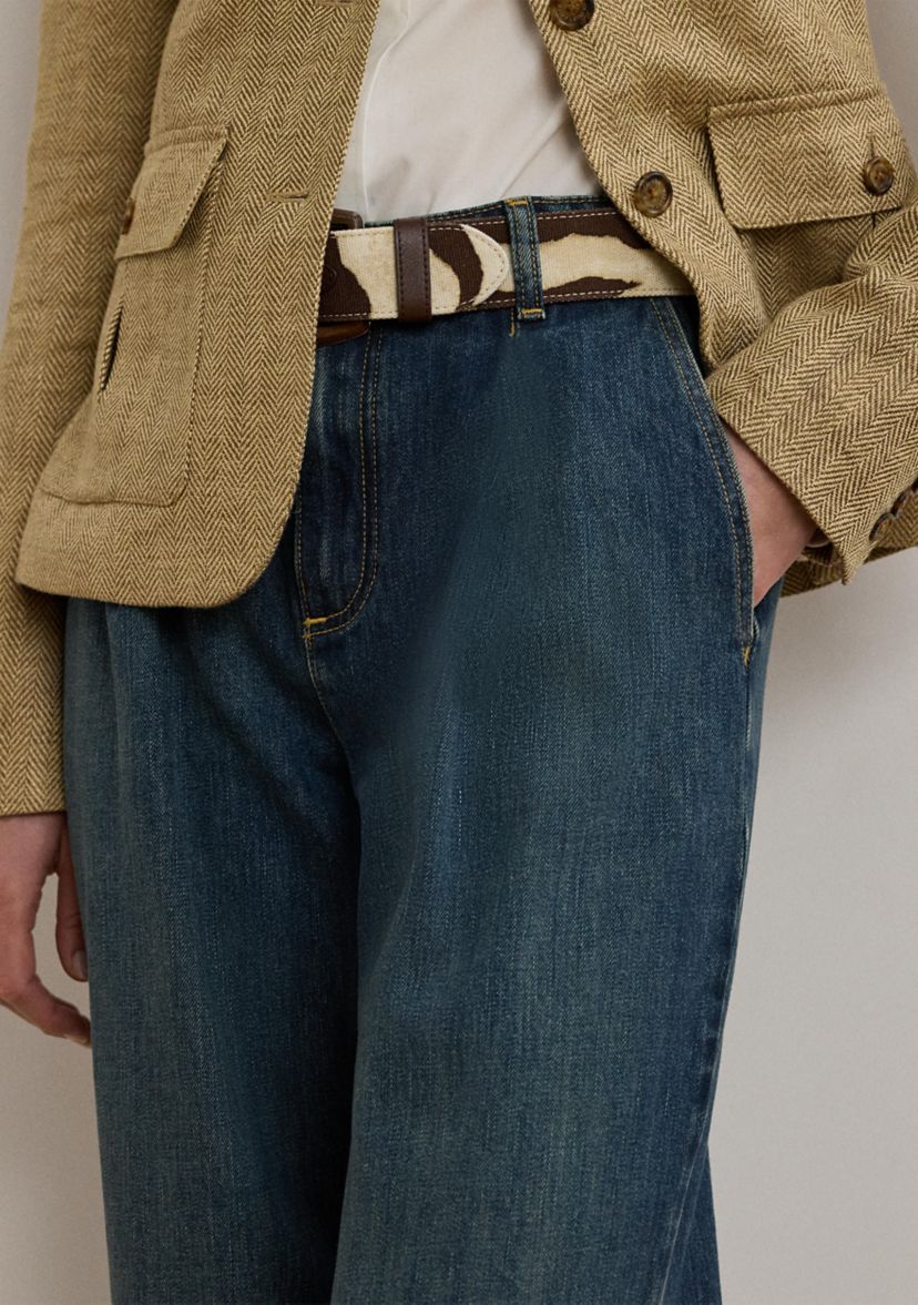 Womens High-Rise Pleated Wide-Leg Jeans