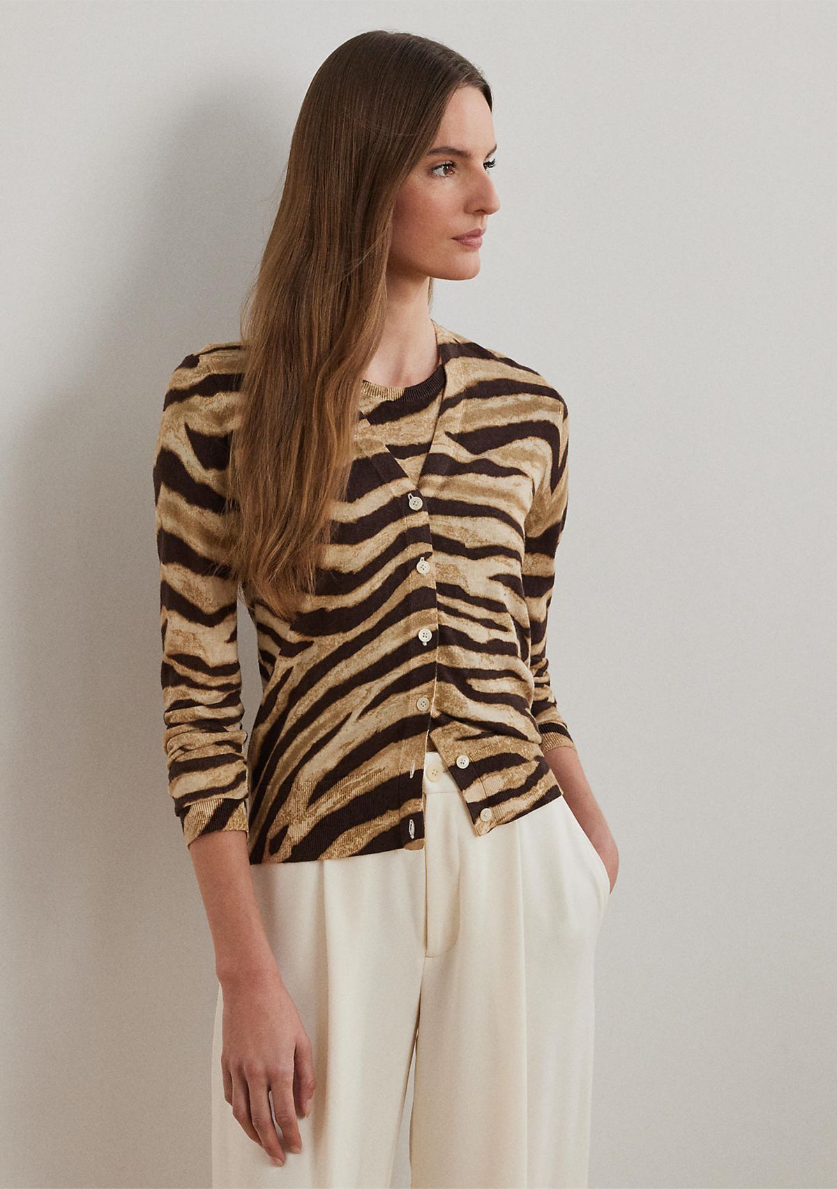 Womens Zebra-Print Linen-Cotton Cardigan