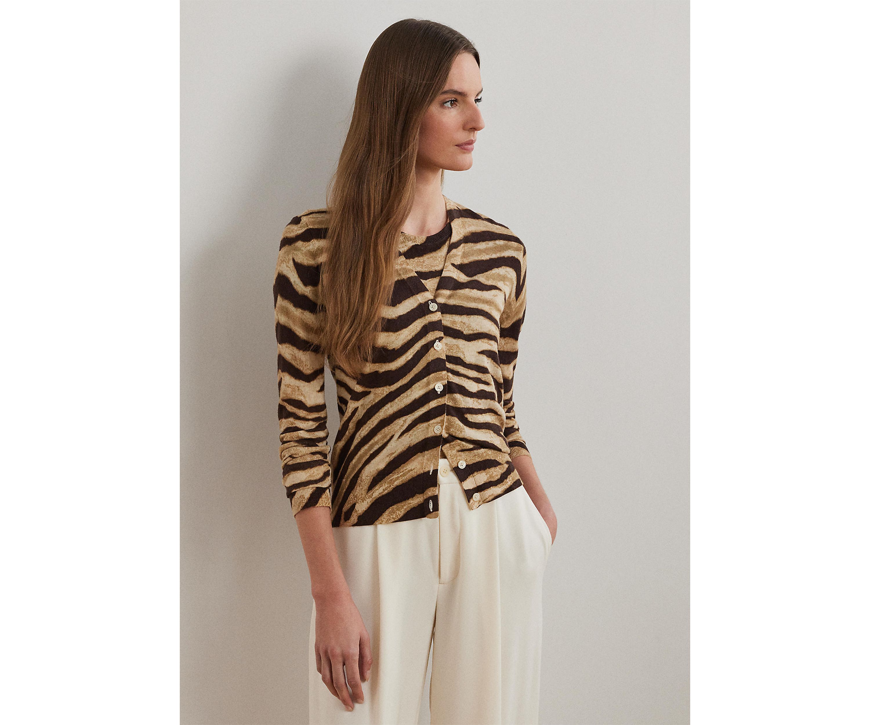 Womens Zebra-Print Linen-Cotton Cardigan
