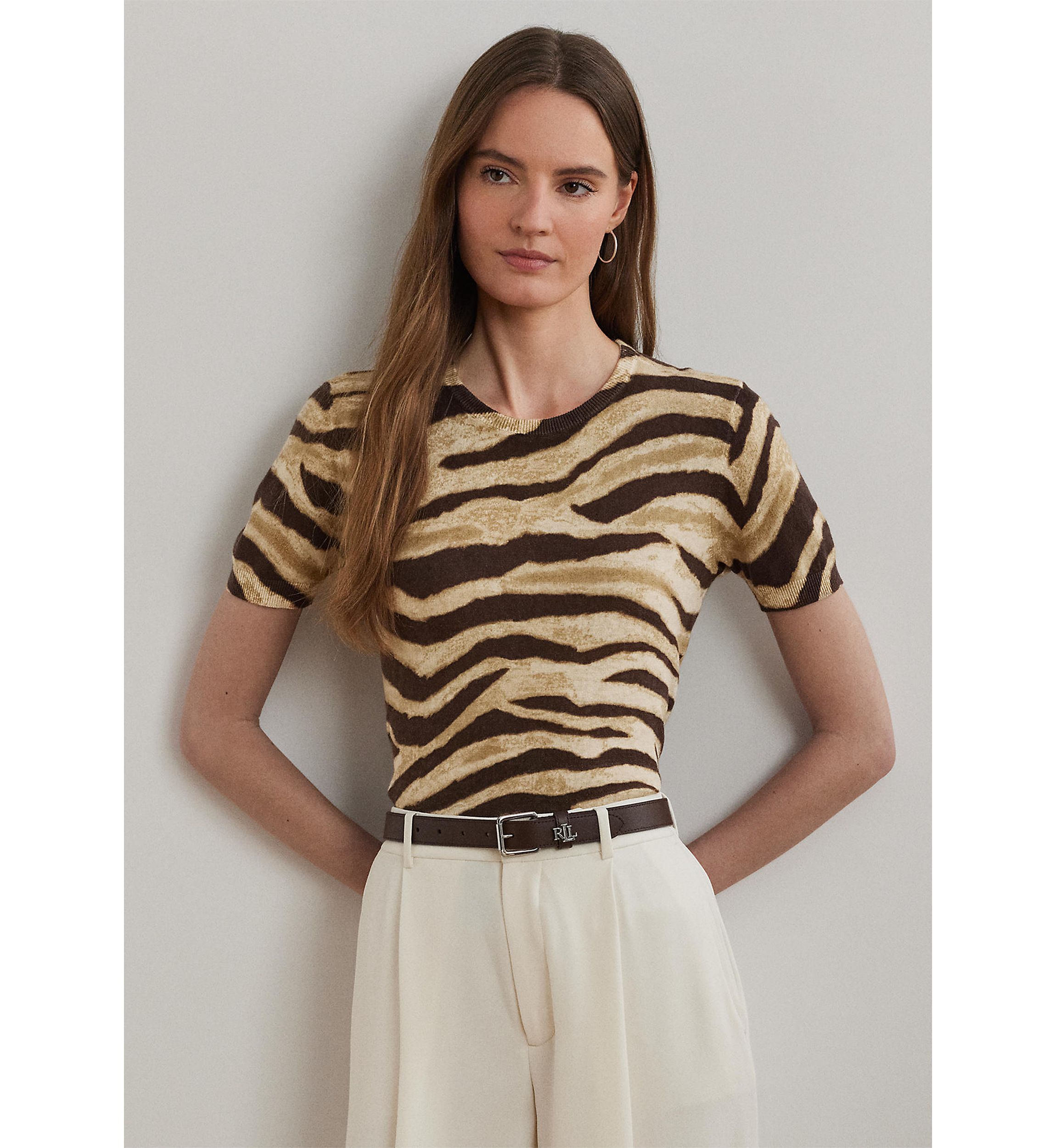 Womens Print Linen-Cotton Short-Sleeve Sweater