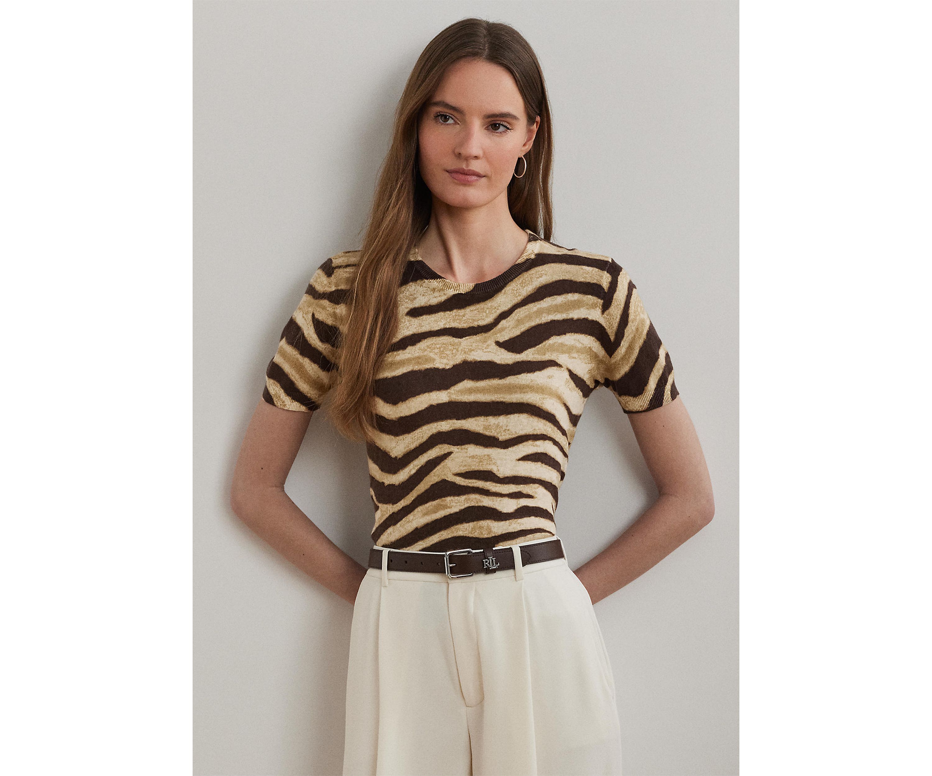 Womens Print Linen-Cotton Short-Sleeve Sweater