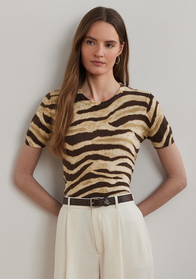 Womens Print Linen-Cotton Short-Sleeve Sweater