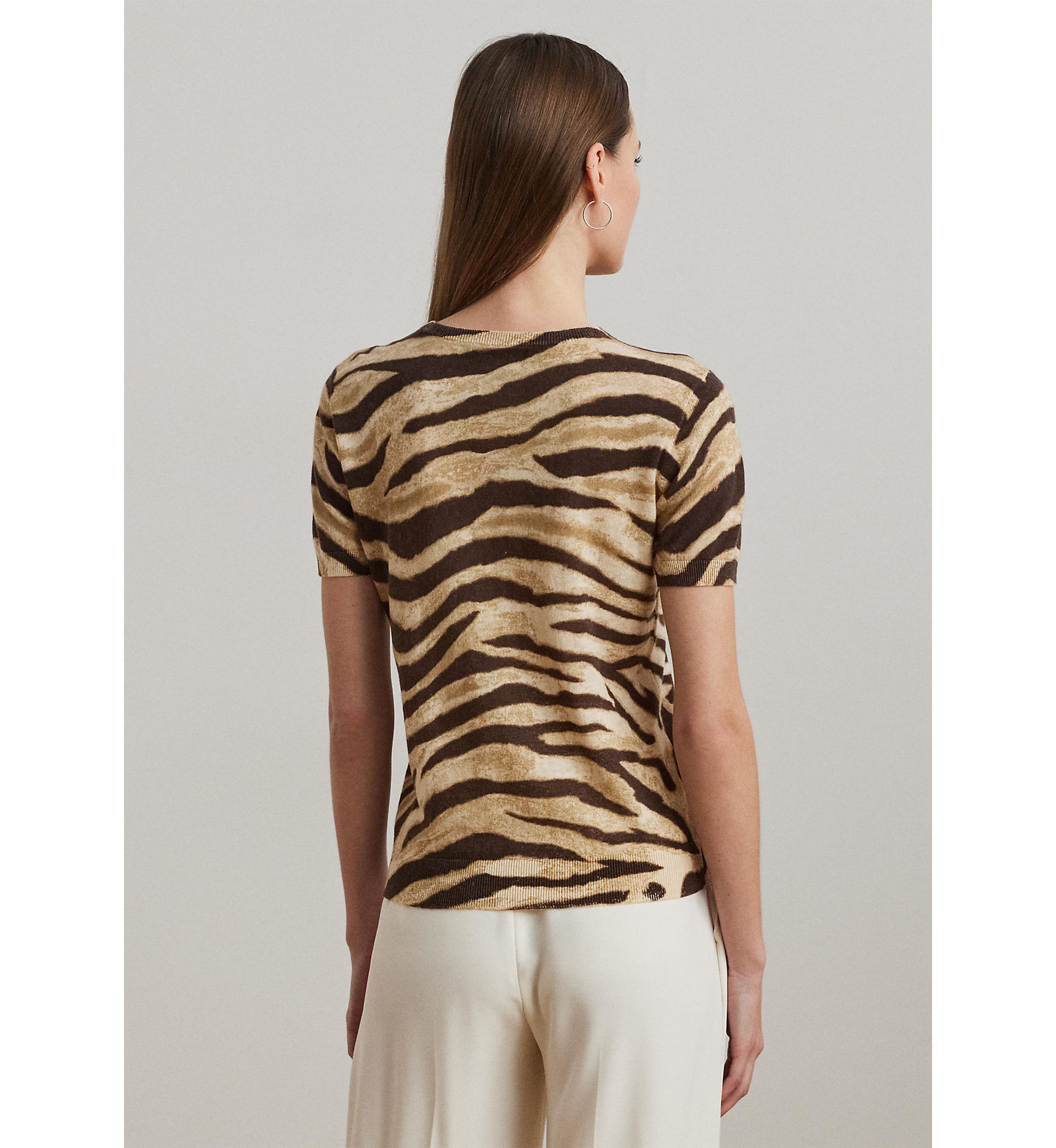 Womens Print Linen-Cotton Short-Sleeve Sweater