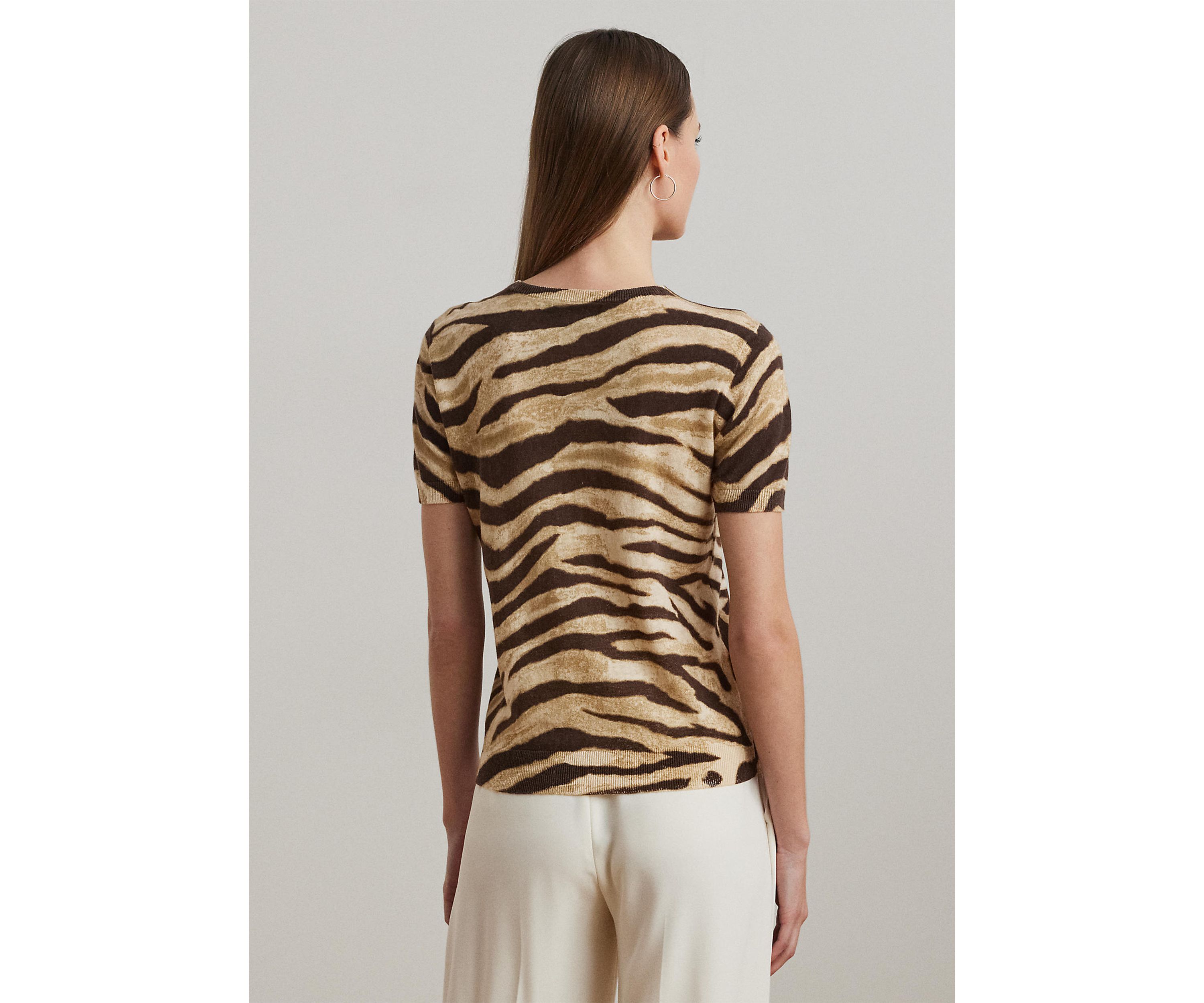 Womens Print Linen-Cotton Short-Sleeve Sweater