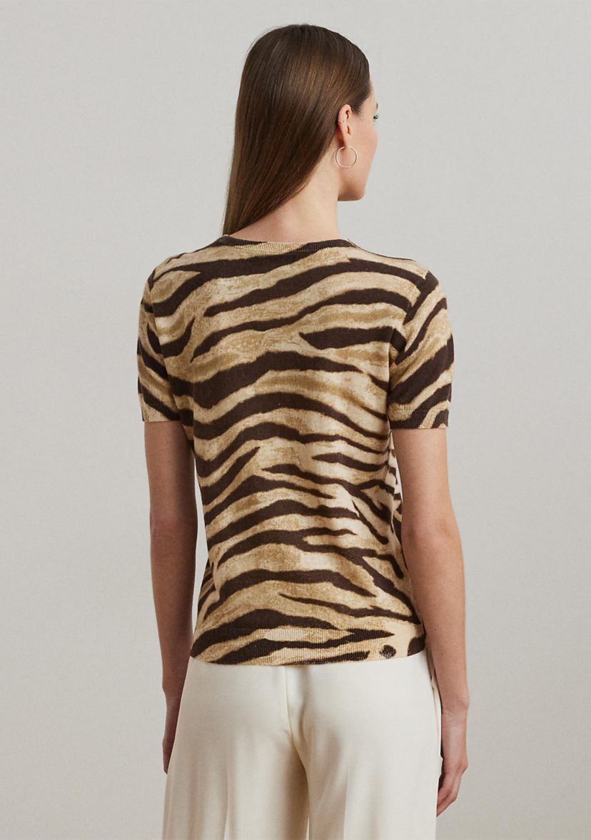 Womens Print Linen-Cotton Short-Sleeve Sweater