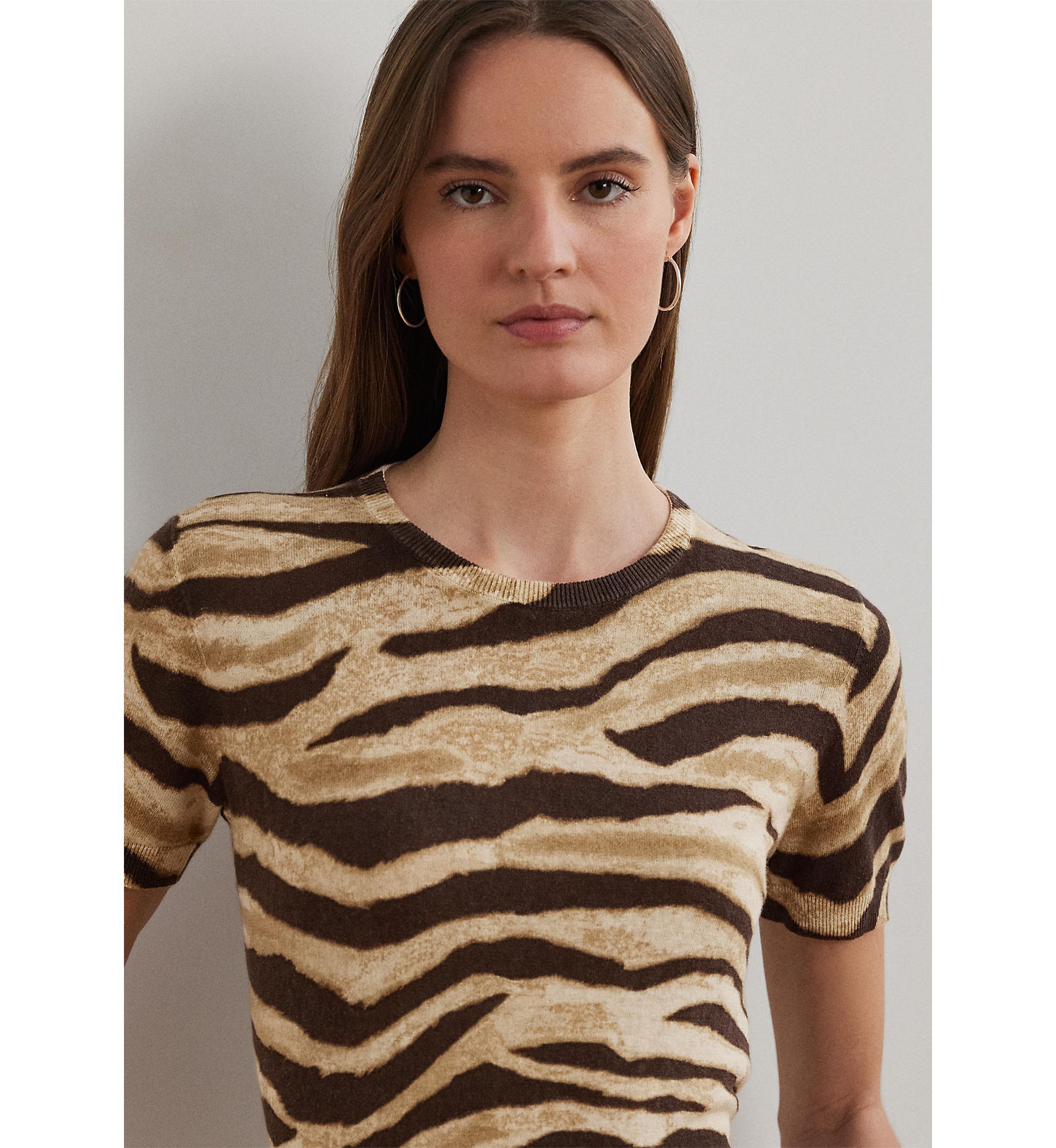 Womens Print Linen-Cotton Short-Sleeve Sweater