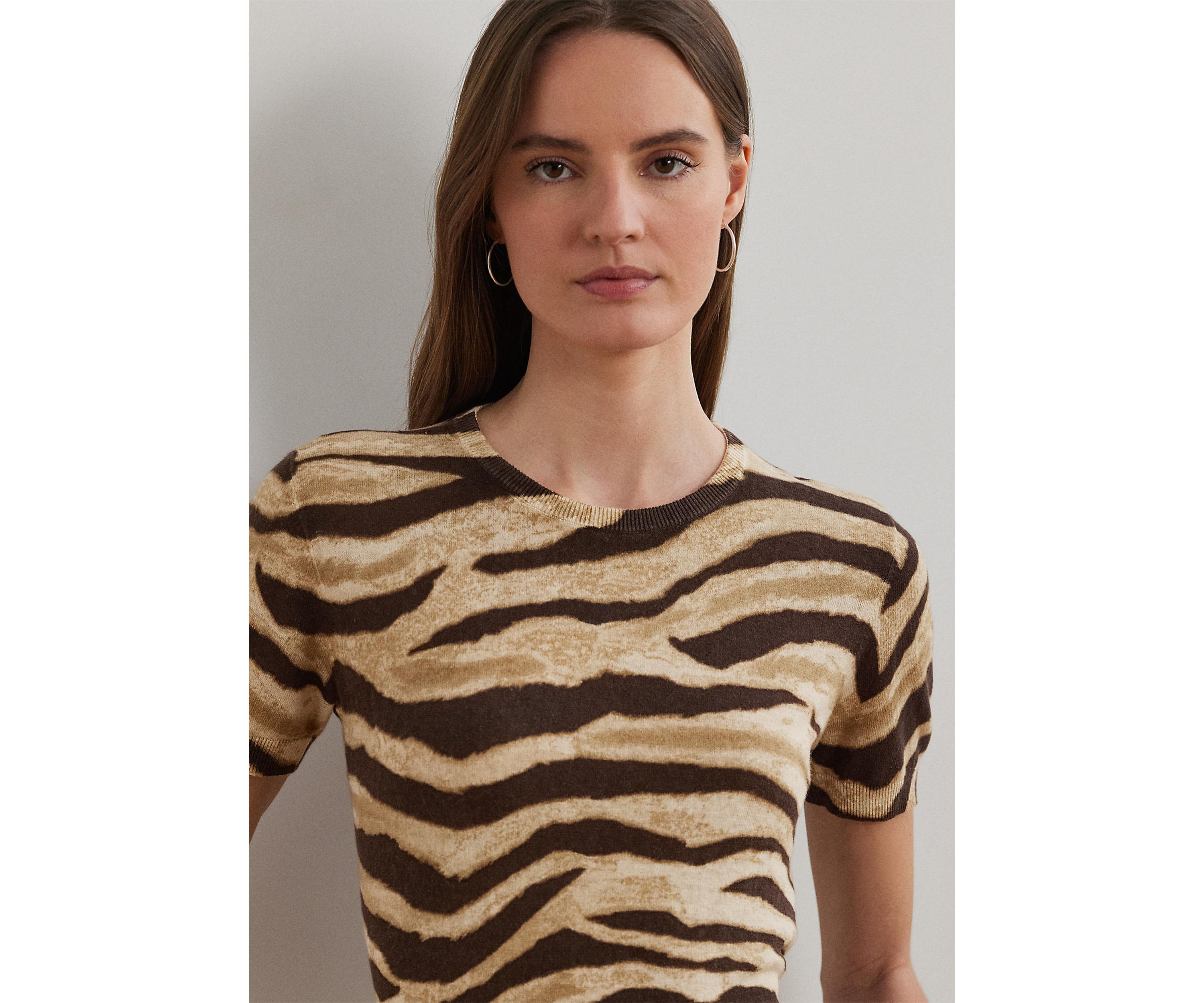Womens Print Linen-Cotton Short-Sleeve Sweater