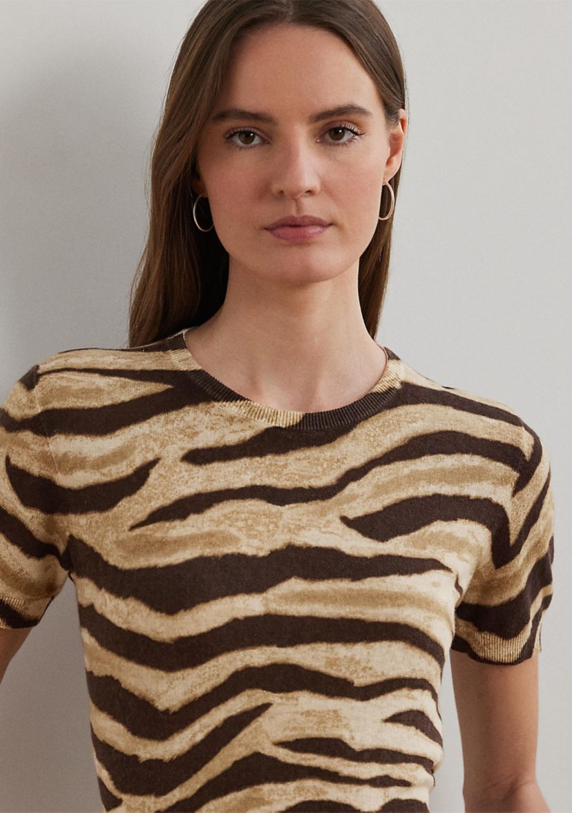 Womens Print Linen-Cotton Short-Sleeve Sweater