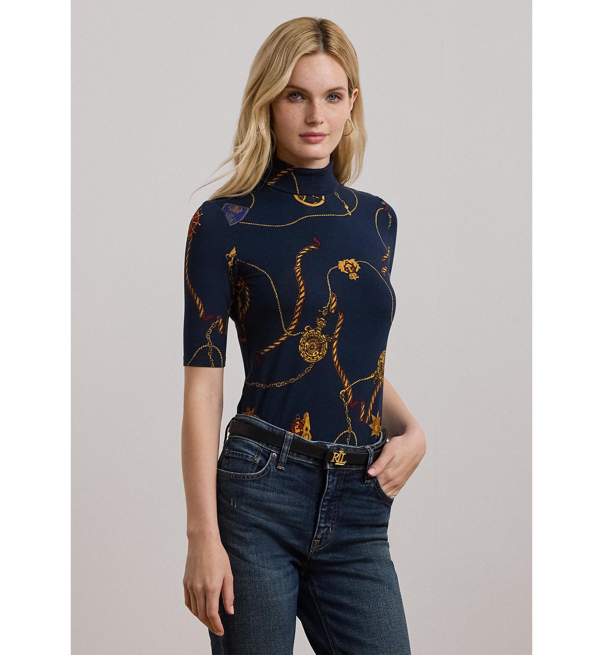 Belting-Print Stretch Jersey Turtleneck