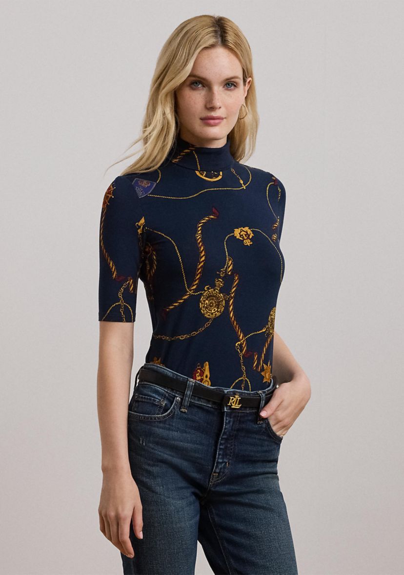 Belting-Print Stretch Jersey Turtleneck