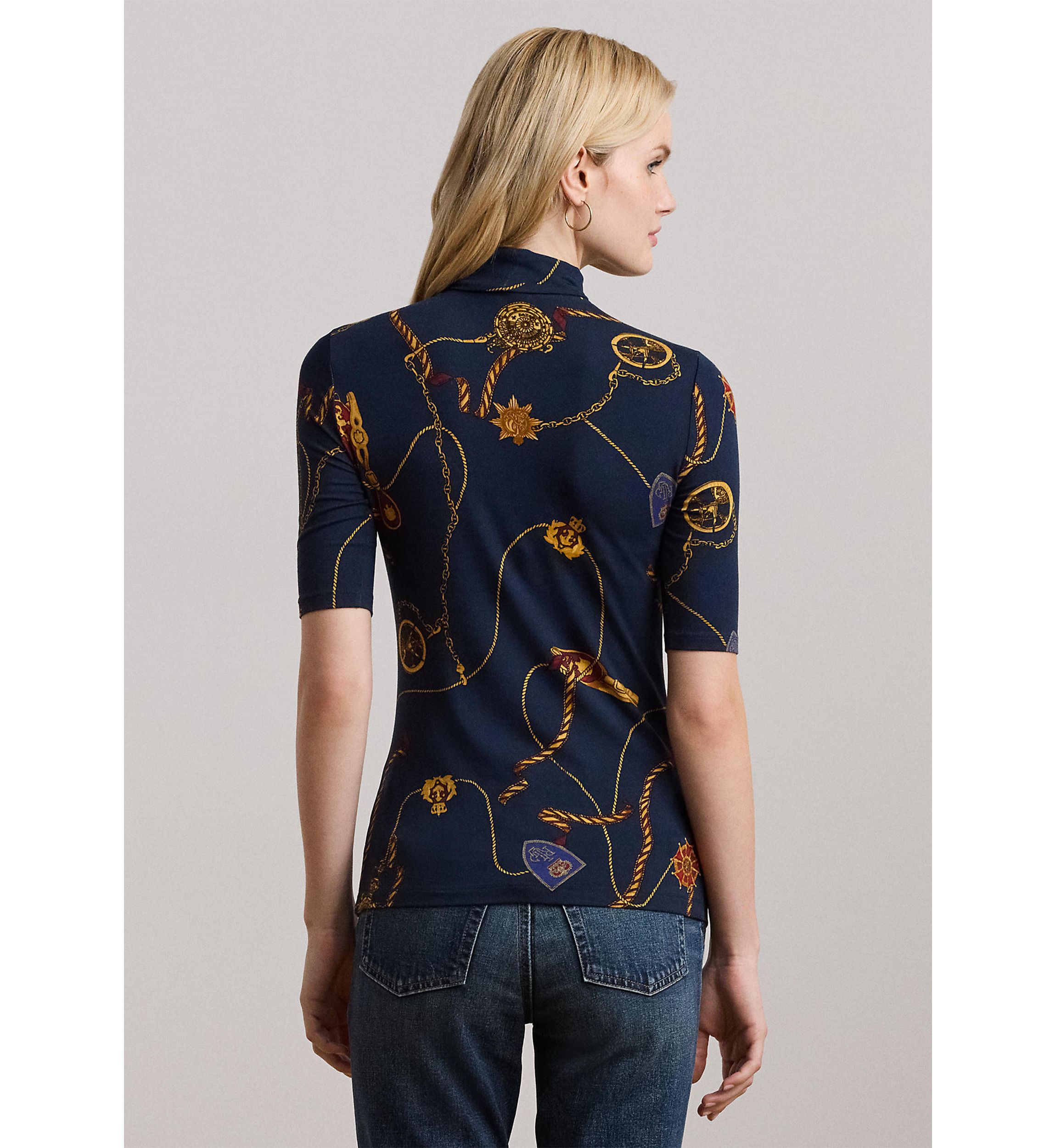 Belting-Print Stretch Jersey Turtleneck