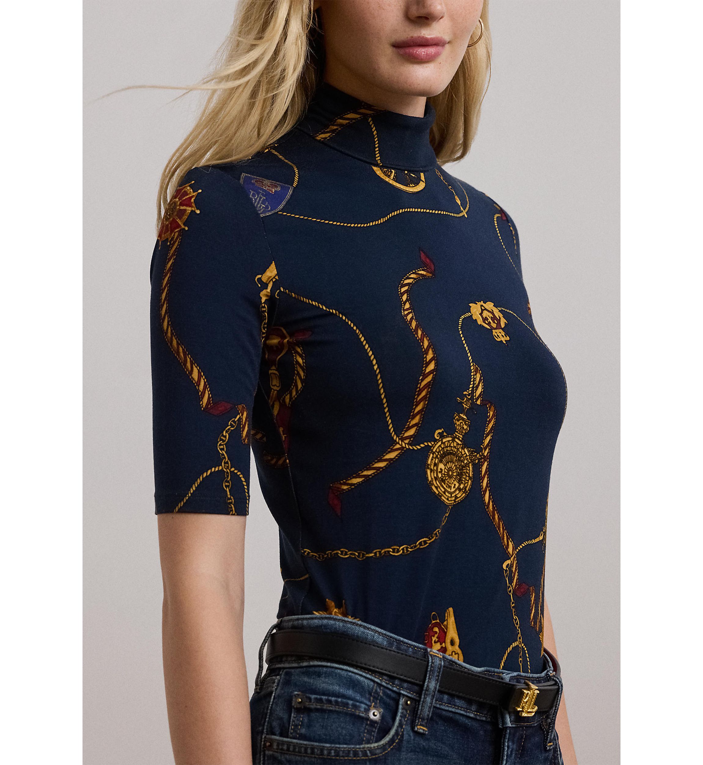Belting-Print Stretch Jersey Turtleneck