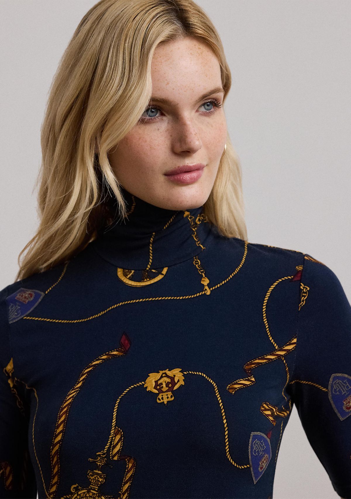 Belting-Print Stretch Jersey Turtleneck