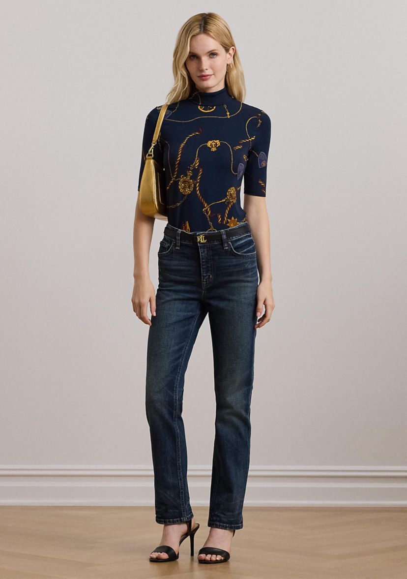 Belting-Print Stretch Jersey Turtleneck