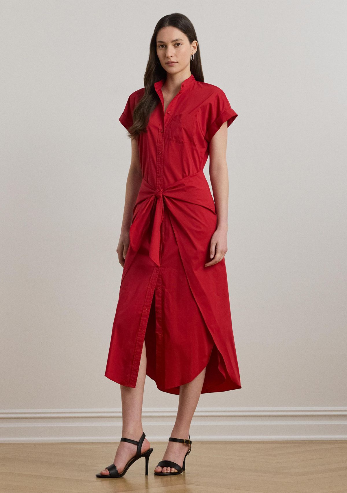 Tie Front Cotton Blend Shirtdress