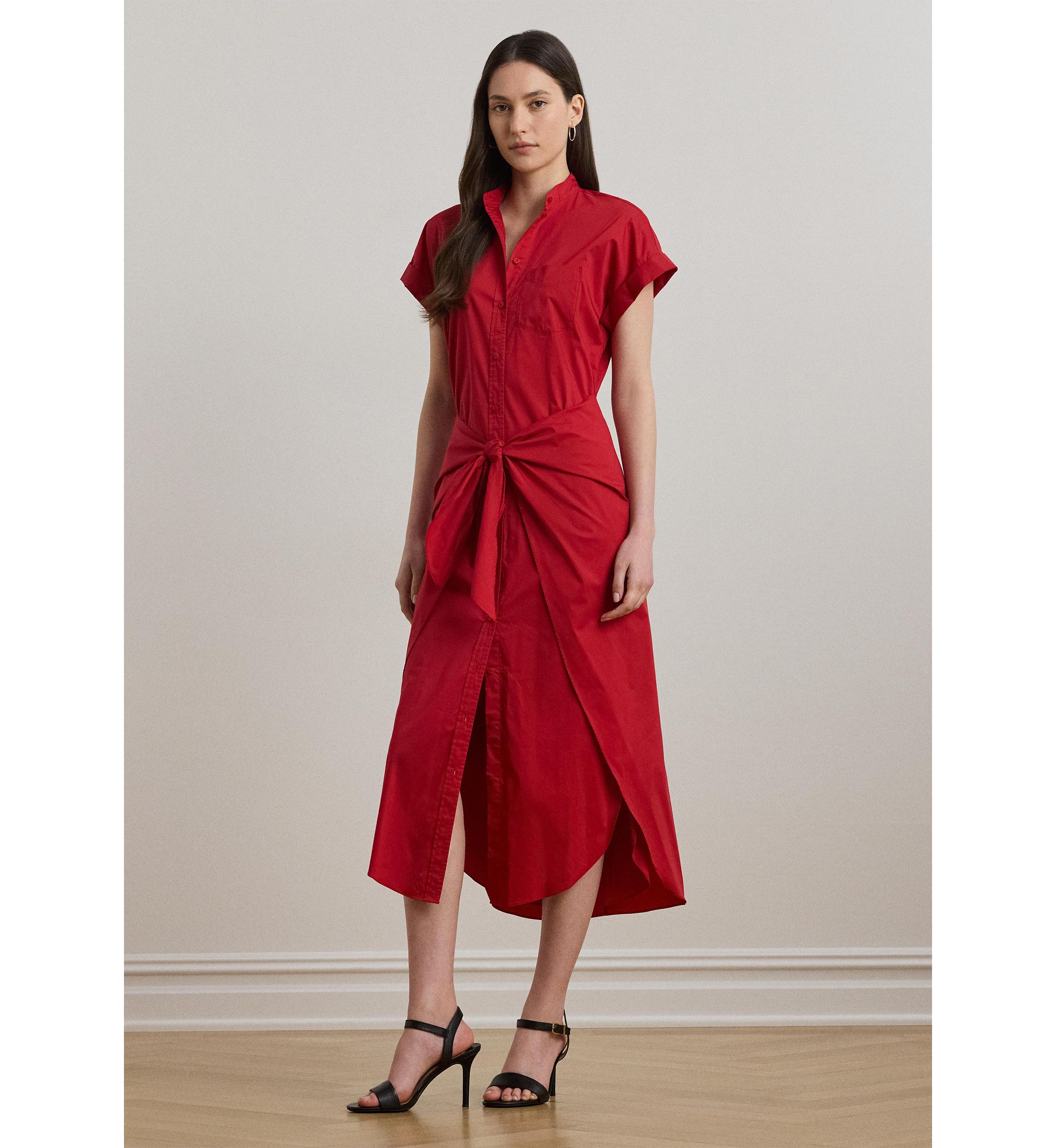 Tie Front Cotton Blend Shirtdress