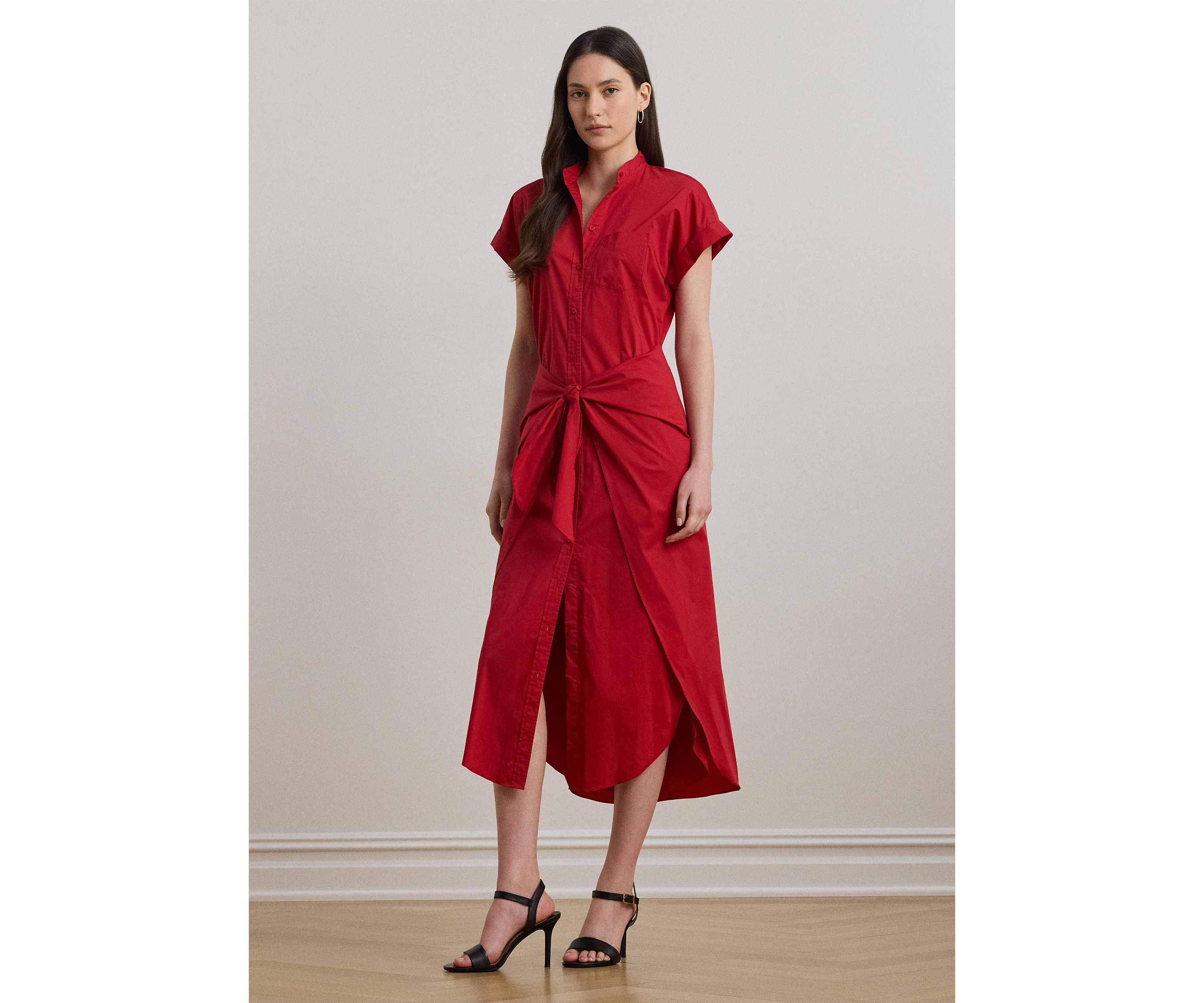 Tie Front Cotton Blend Shirtdress