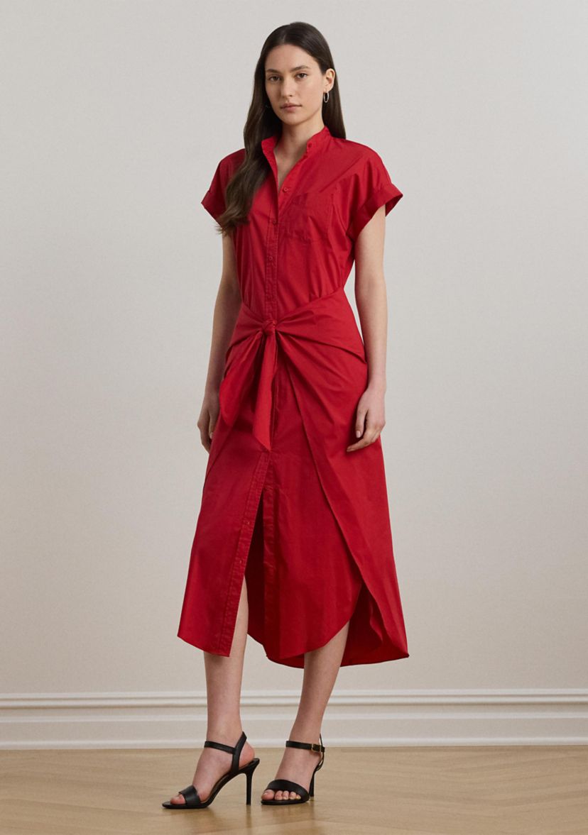 Tie Front Cotton Blend Shirtdress