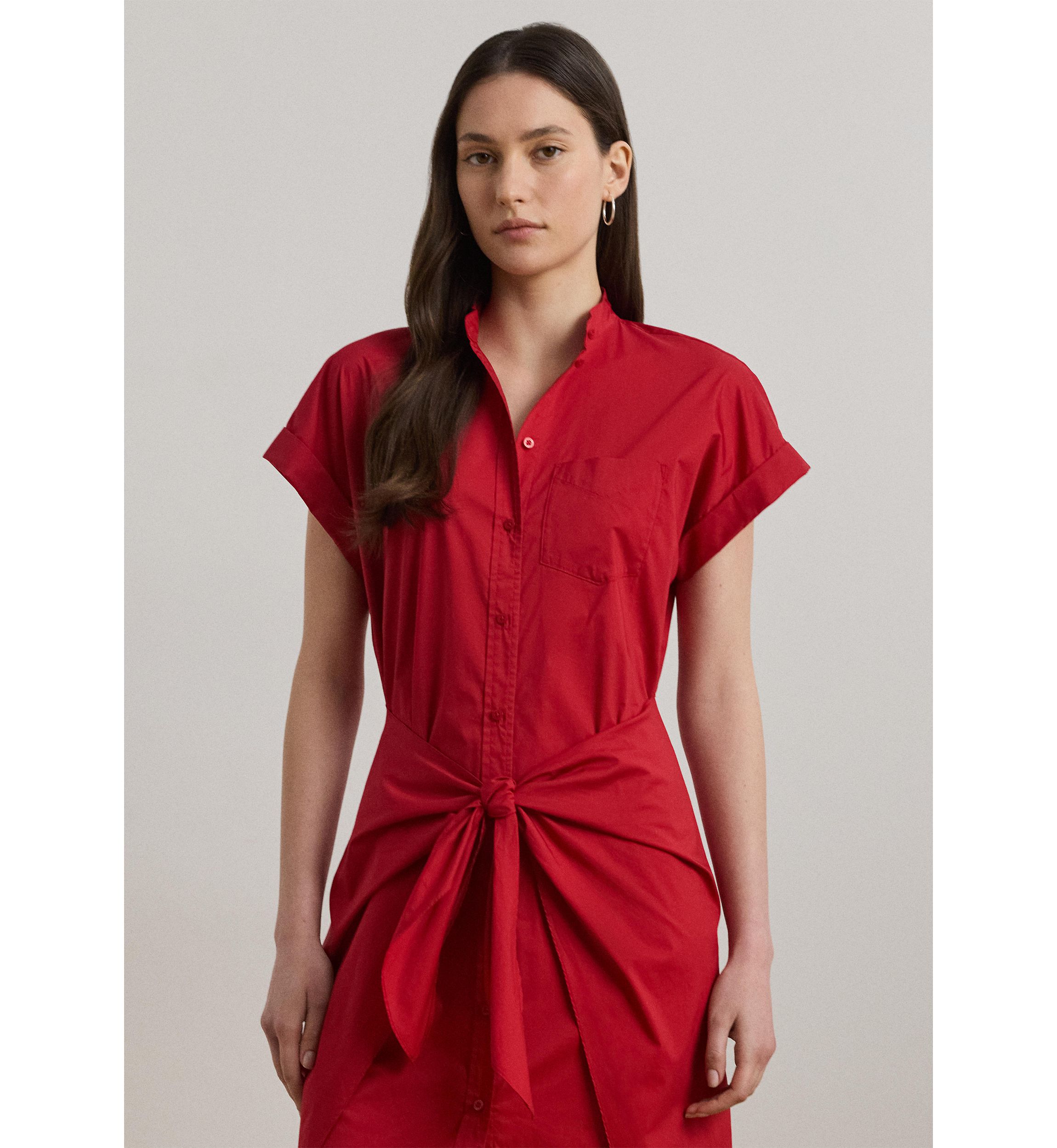 Tie Front Cotton Blend Shirtdress