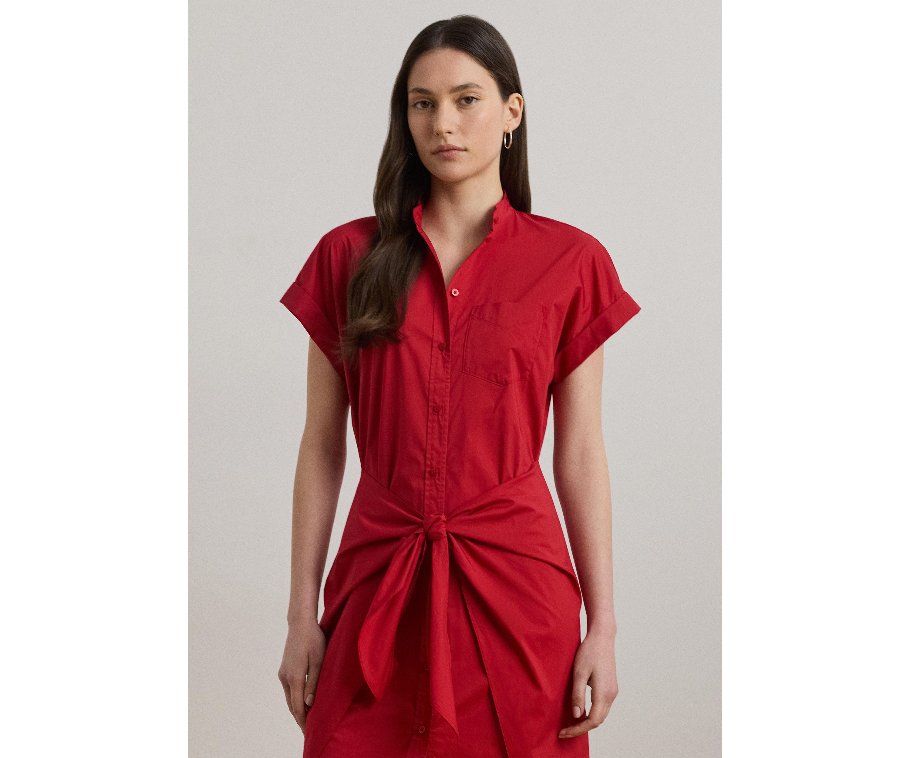 Tie Front Cotton Blend Shirtdress