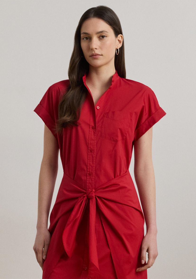 Tie Front Cotton Blend Shirtdress