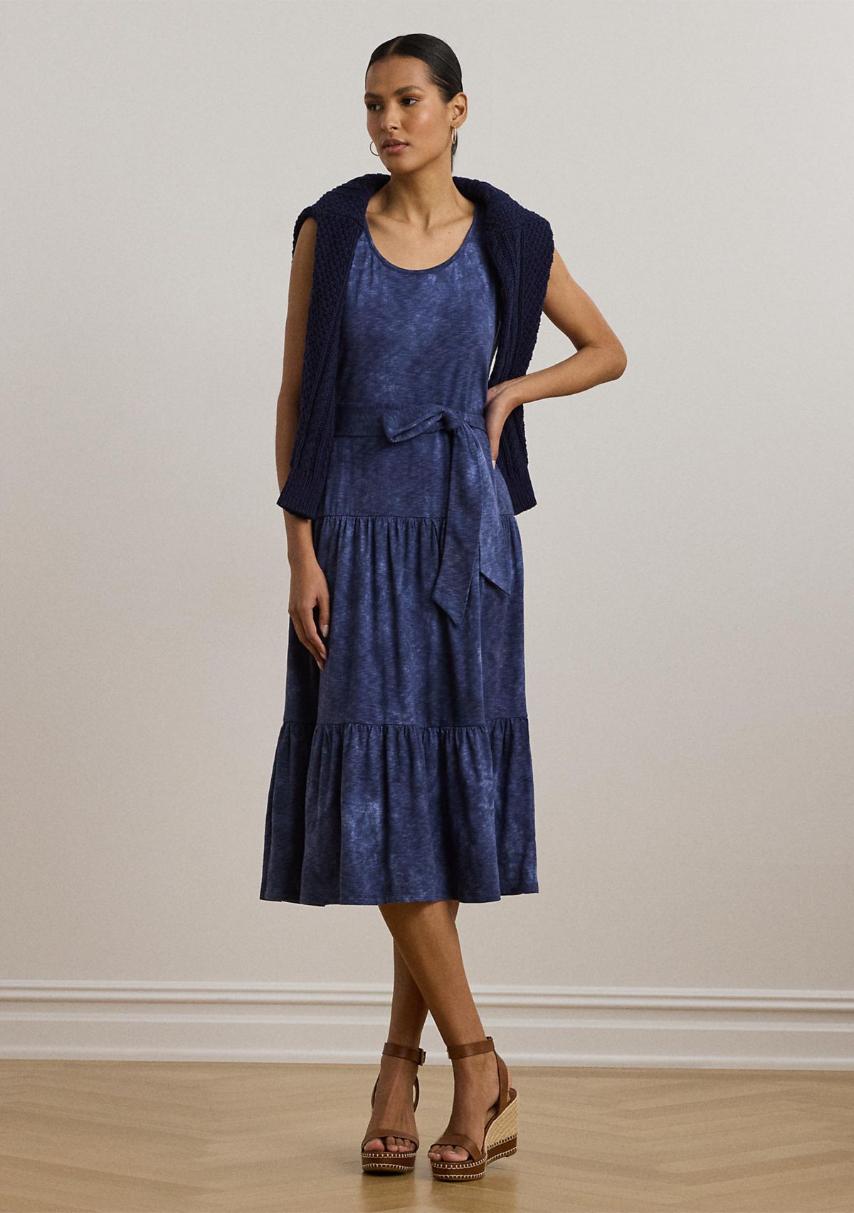 Print Belted Slub Jersey Tiered Dress