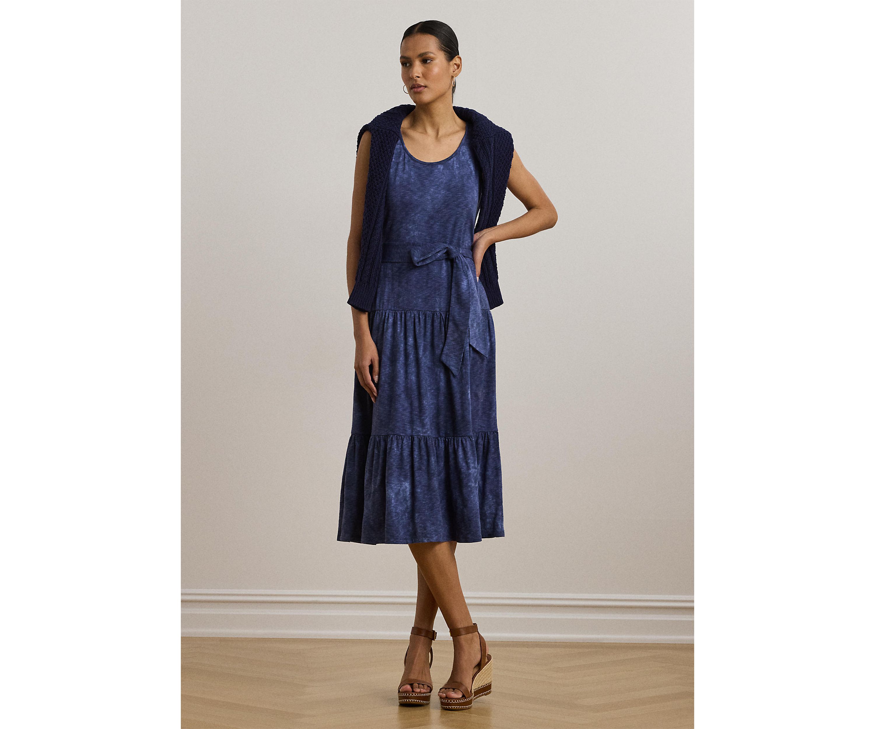 Print Belted Slub Jersey Tiered Dress