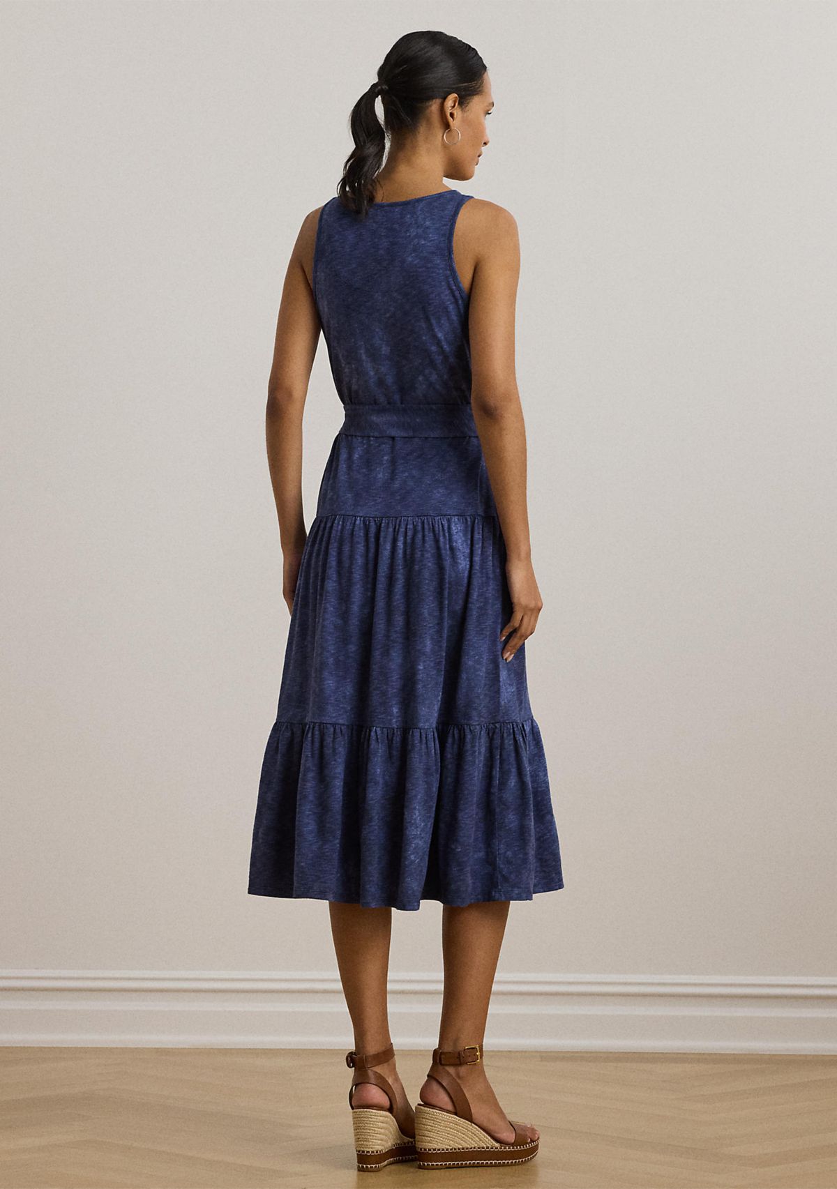 Print Belted Slub Jersey Tiered Dress